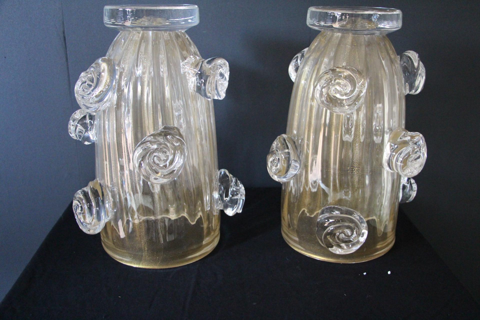 Pair of Large Golden Murano Glass Vases With Roses Decor by Costantini 10