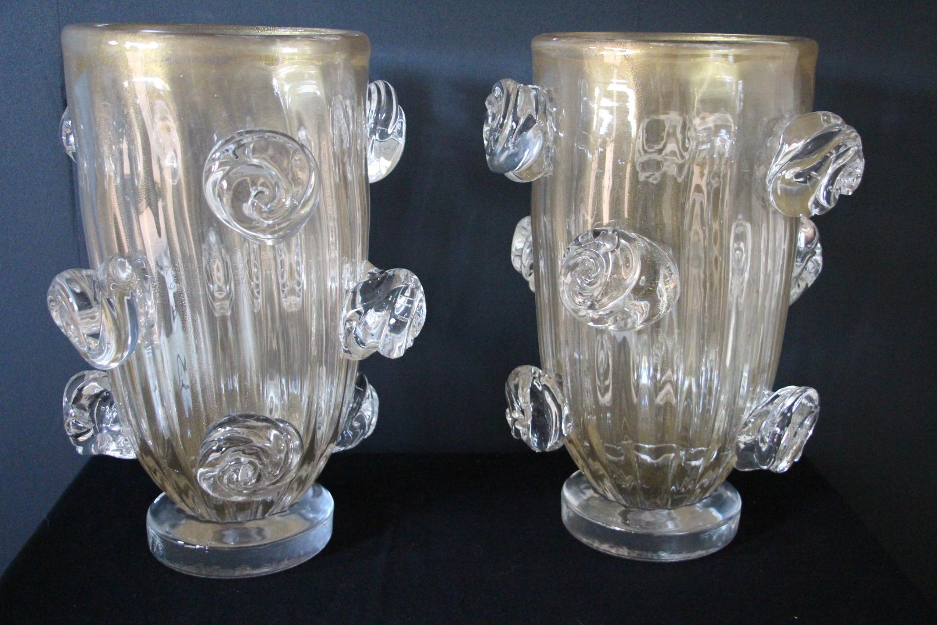 Pair of Large Golden Murano Glass Vases With Roses Decor by Costantini 11