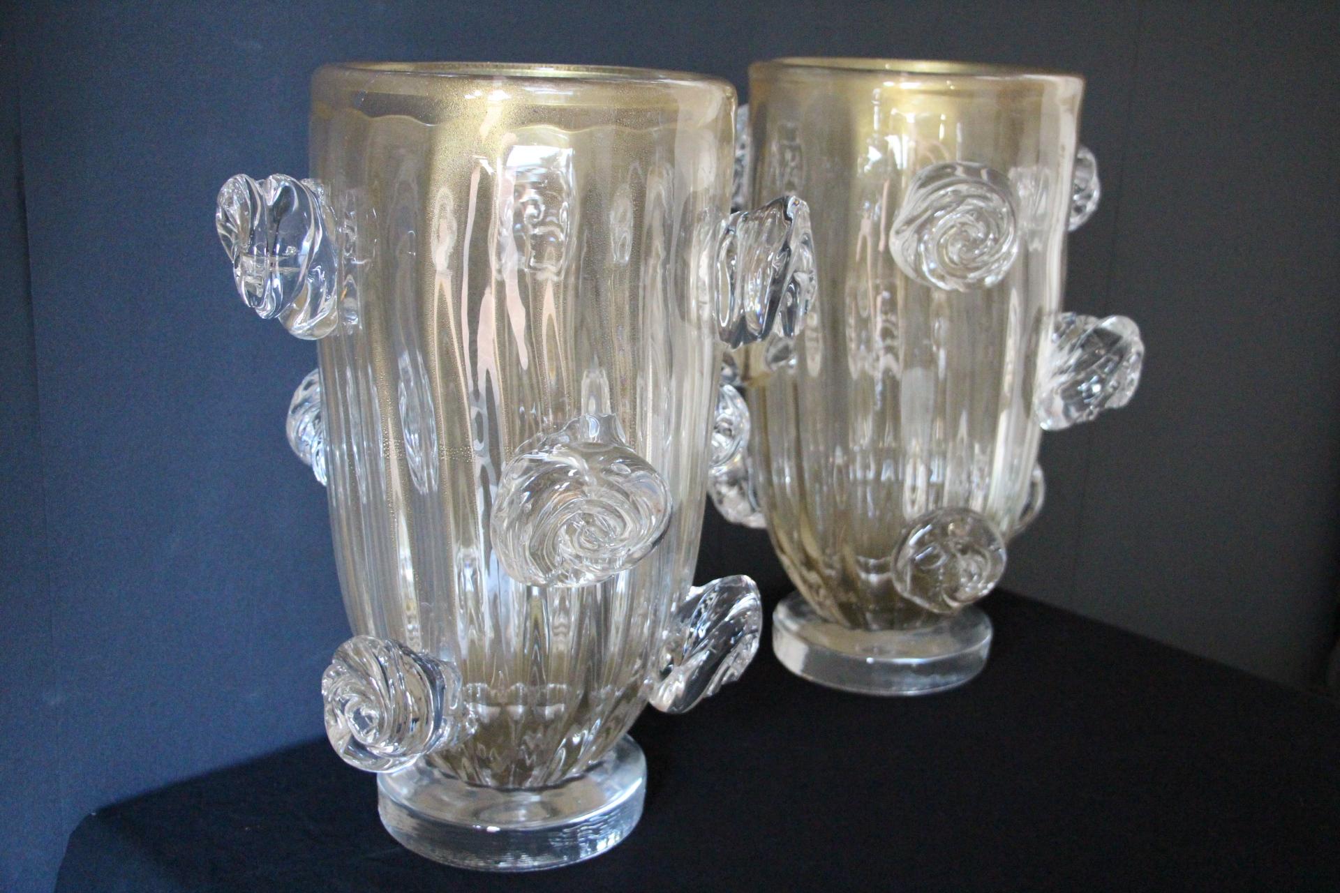 Mid-Century Modern Pair of Large Golden Murano Glass Vases With Roses Decor by Costantini