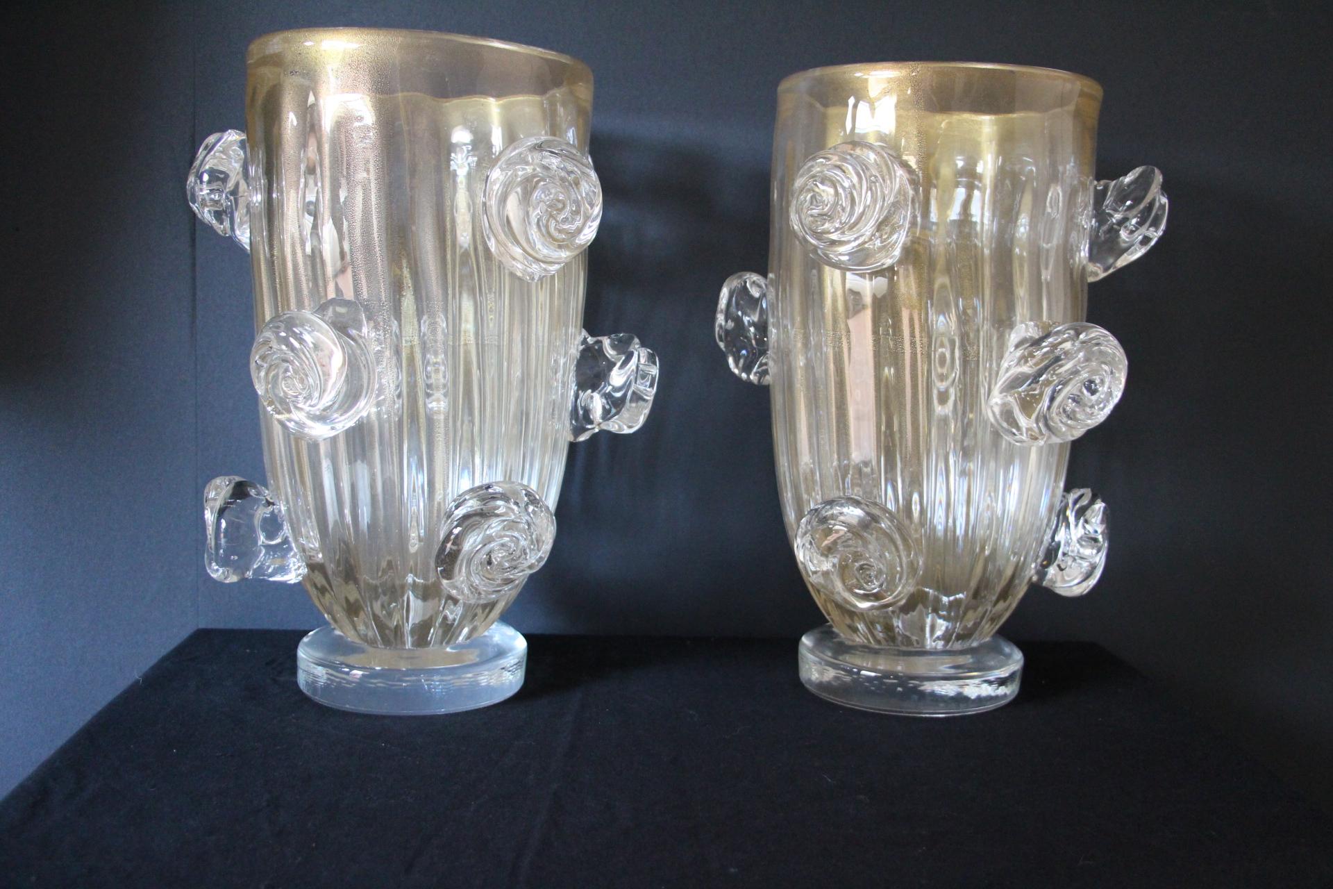 Italian Pair of Large Golden Murano Glass Vases With Roses Decor by Costantini
