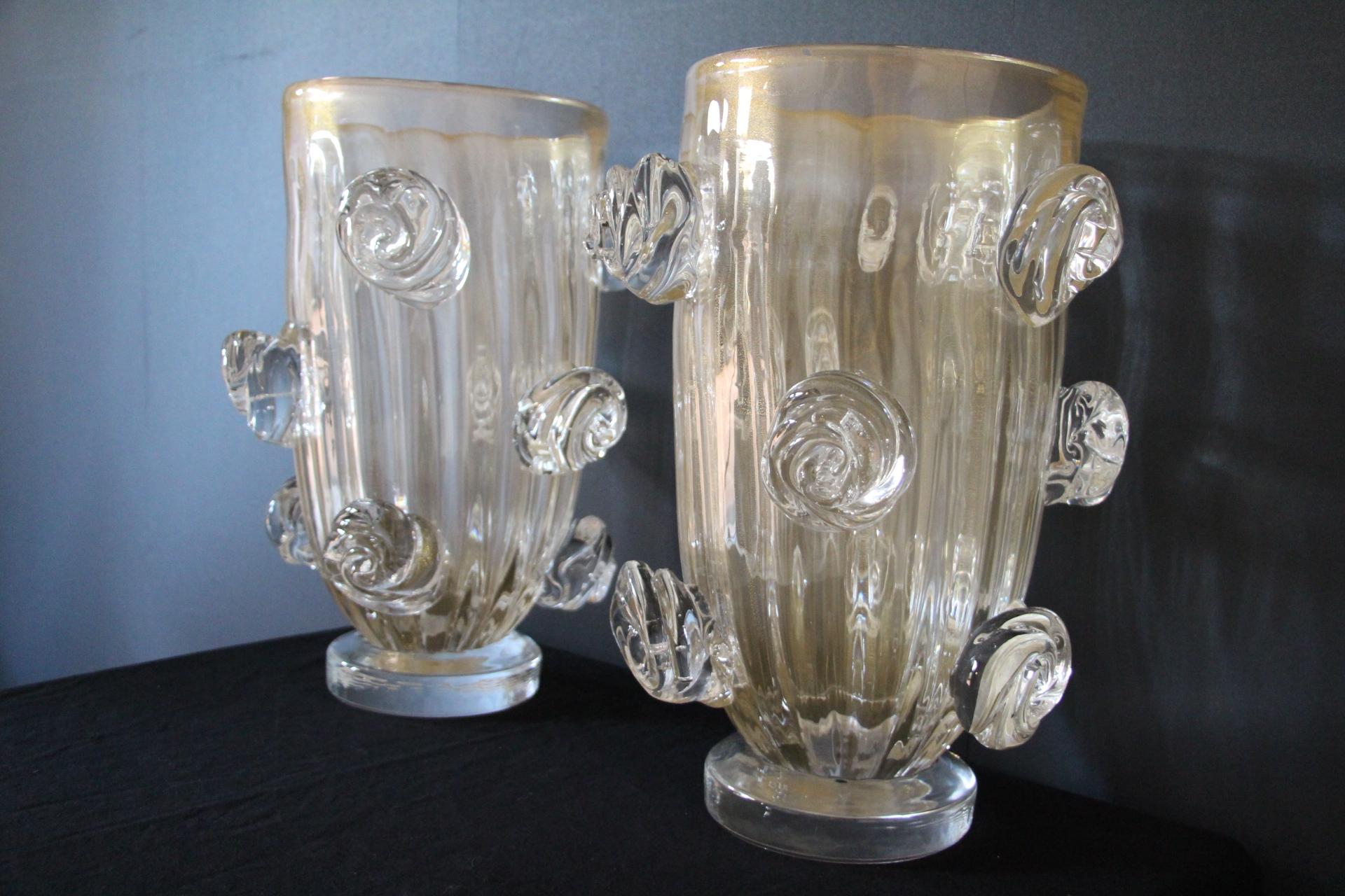 Pair of Large Golden Murano Glass Vases With Roses Decor by Costantini In Excellent Condition In Saint-Ouen, FR