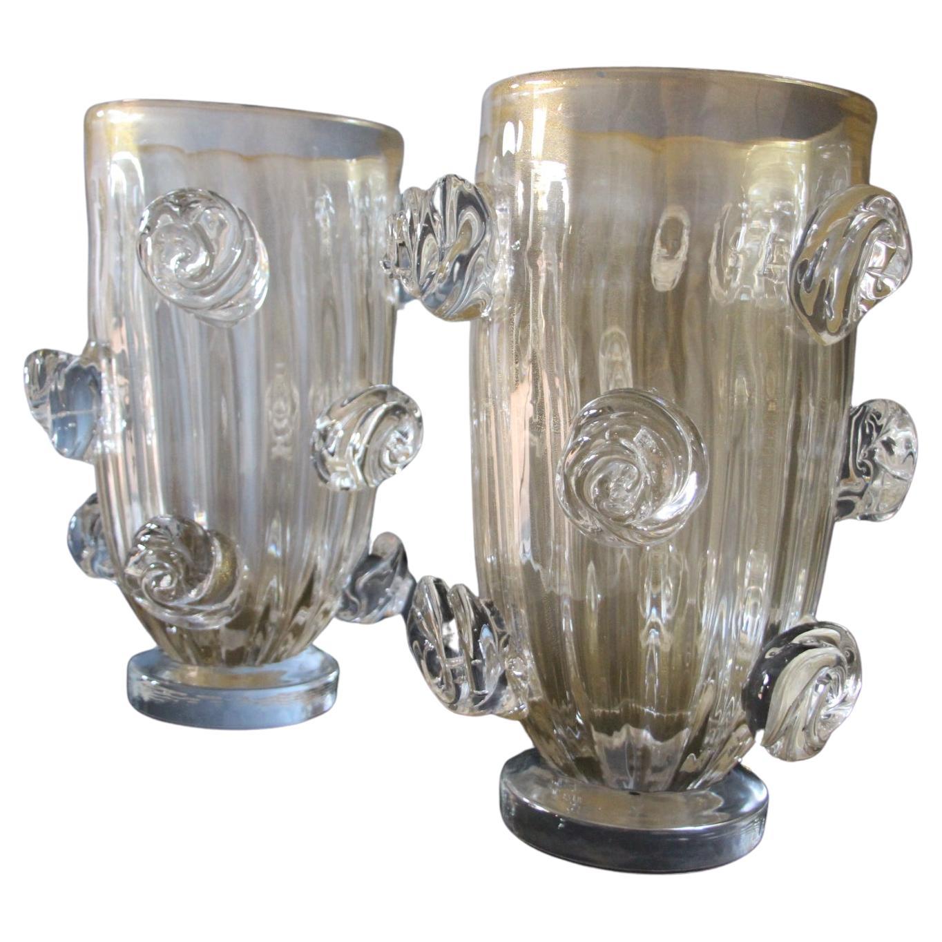 Pair of Large Golden Murano Glass Vases With Roses Decor by Costantini For Sale