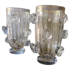 Vintage Pair of Large Golden Murano Glass Vases With Roses Decor by Costantini