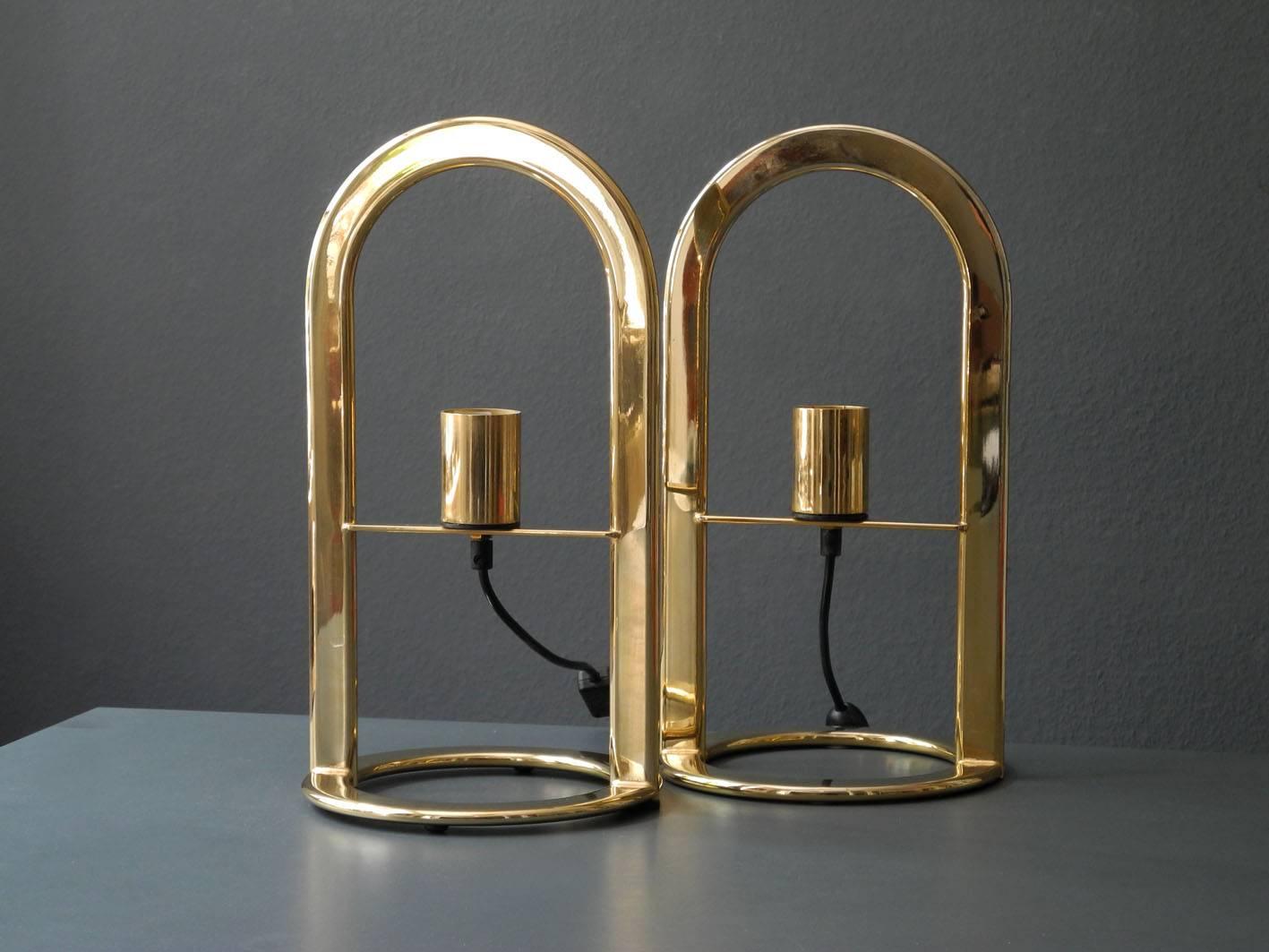German Pair of Large Golden Postmodern 1980s Metal Table Lamps