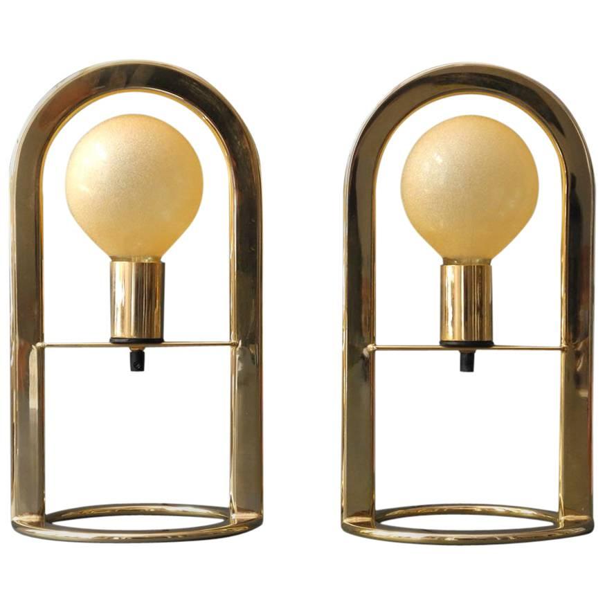 Pair of Large Golden Postmodern 1980s Metal Table Lamps