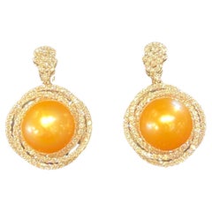 Pair of Large Golden South Sea Pearl and Diamond 18 Karat White Gold Earrings