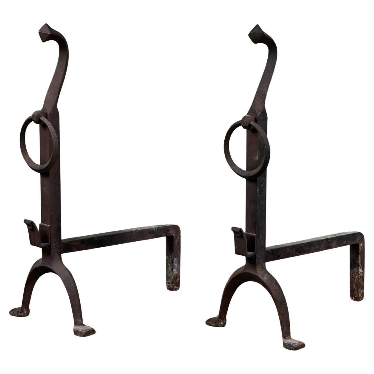 Gothic Cast Iron Andirons, Hand-Forged, Mid-20th Century