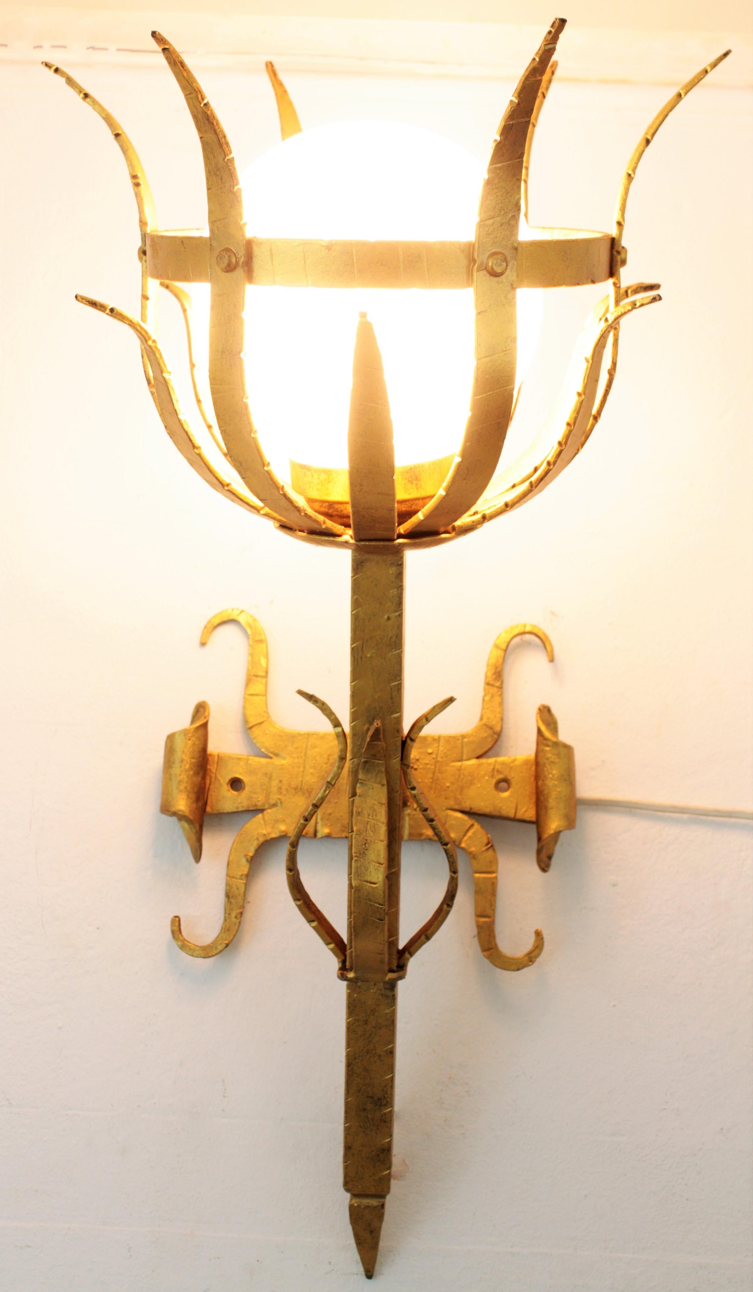 Pair of Large Gothic Style Gilt Iron & Opaline Glass Torch Wall Lights / Sconces 5