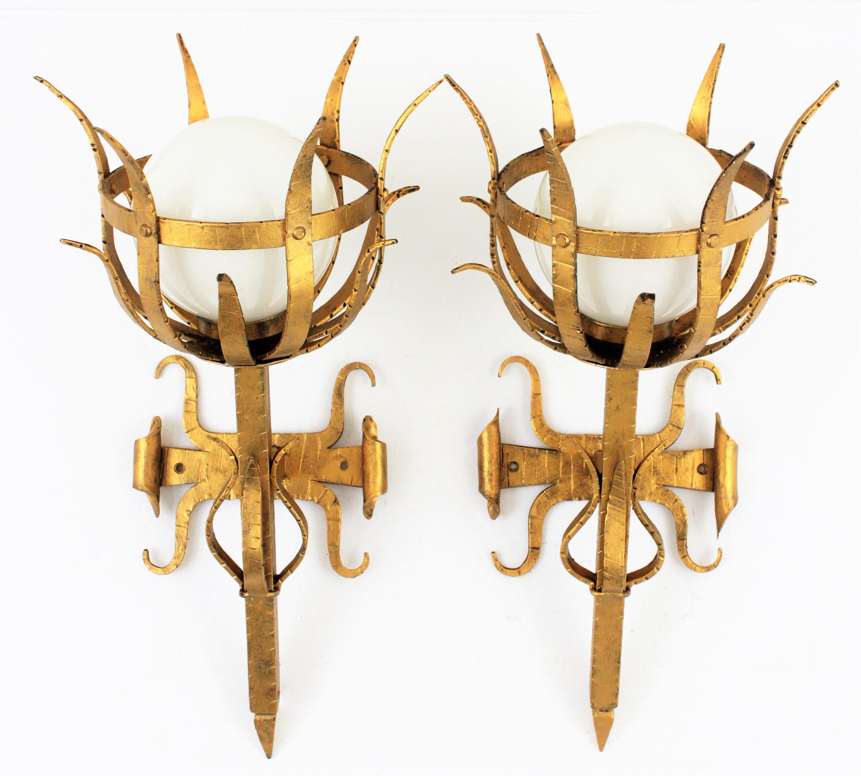 Forged Pair of Large Gothic Style Gilt Iron & Opaline Glass Torch Wall Lights / Sconces