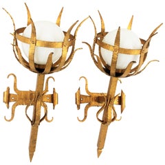 Pair of Large Gothic Style Gilt Iron 
Opaline Glass Torch Wall Lights / Sconces