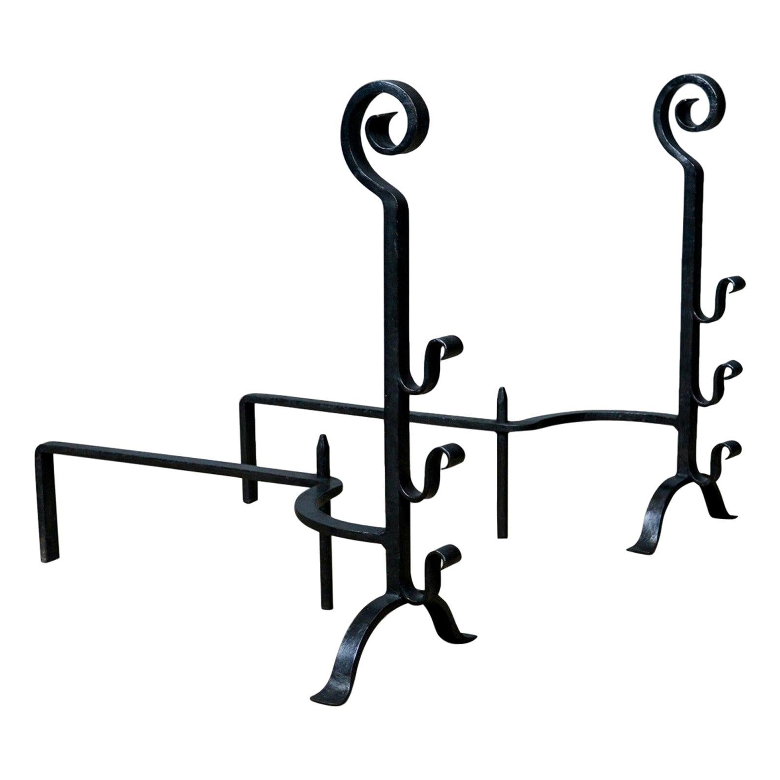 Pair of Large, Gothic, Wrought Iron Fire Dogs, Medieval Revival Andirons