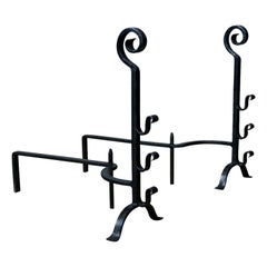 Vintage Pair of Large, Gothic, Wrought Iron Fire Dogs, Medieval Revival Andirons