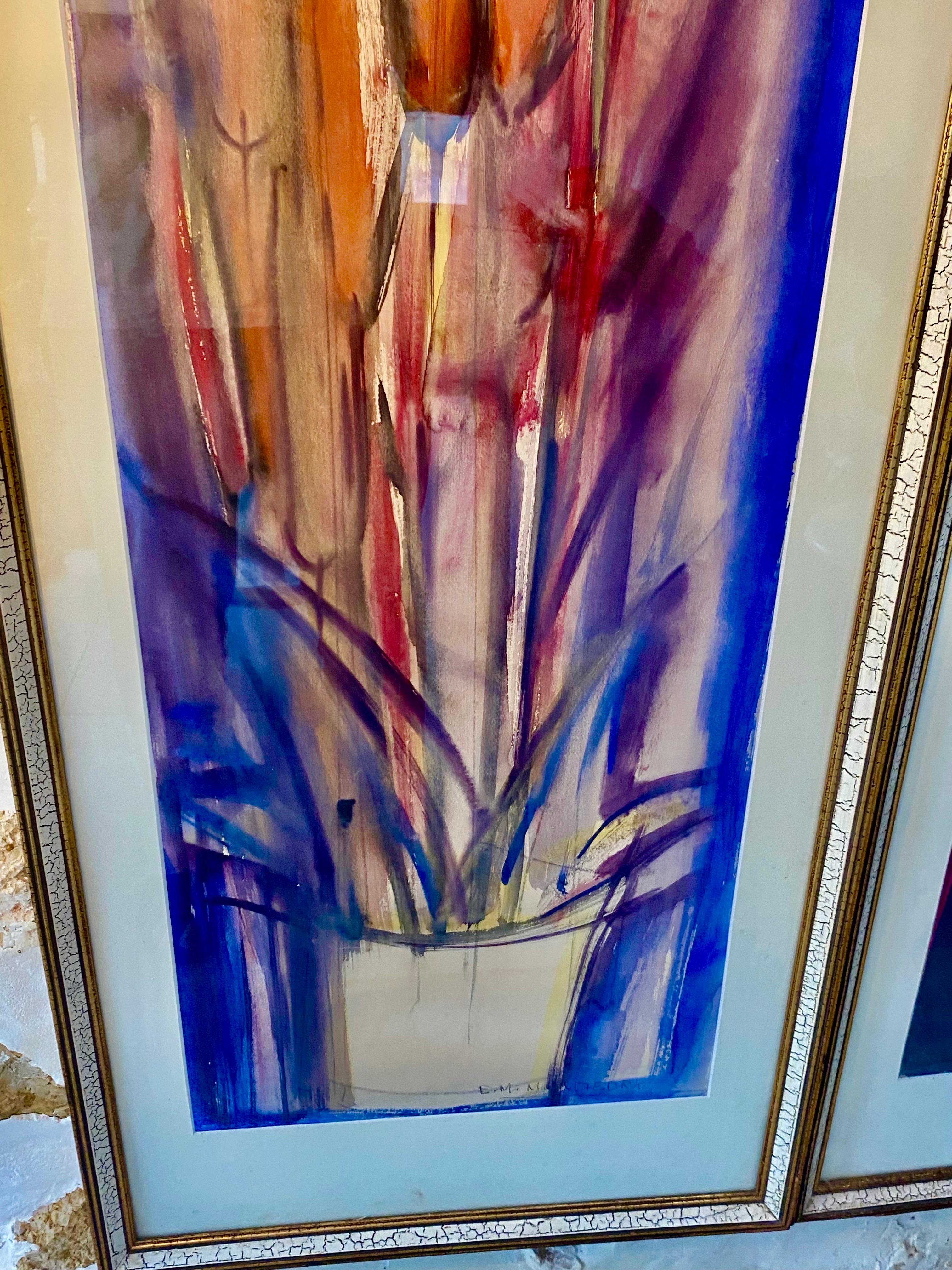 Gouache Painting Abstract Flowers with Vase Period 1960, Spain Ibiza Baleares For Sale 3