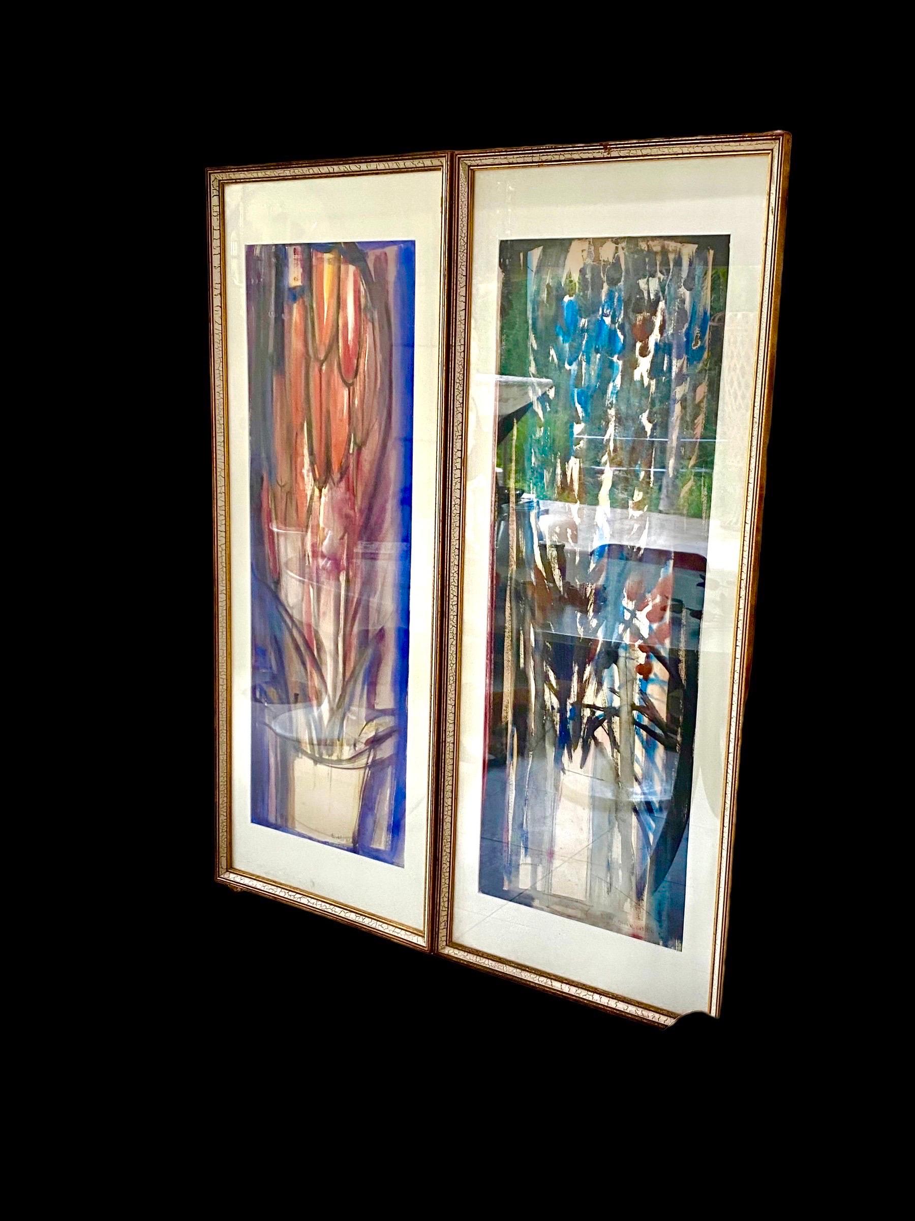 Großes Gouache-Paar, bestehend aus einer abstrakten Vision einer Vase und einem Blumenstrauß aus den 1960er Jahren, spanisches Werk aus den Jahren der großen Brutalität; Flower Power; Pop Art. 
Es ist sehr selten, eine 130 cm Gouache und mehr als