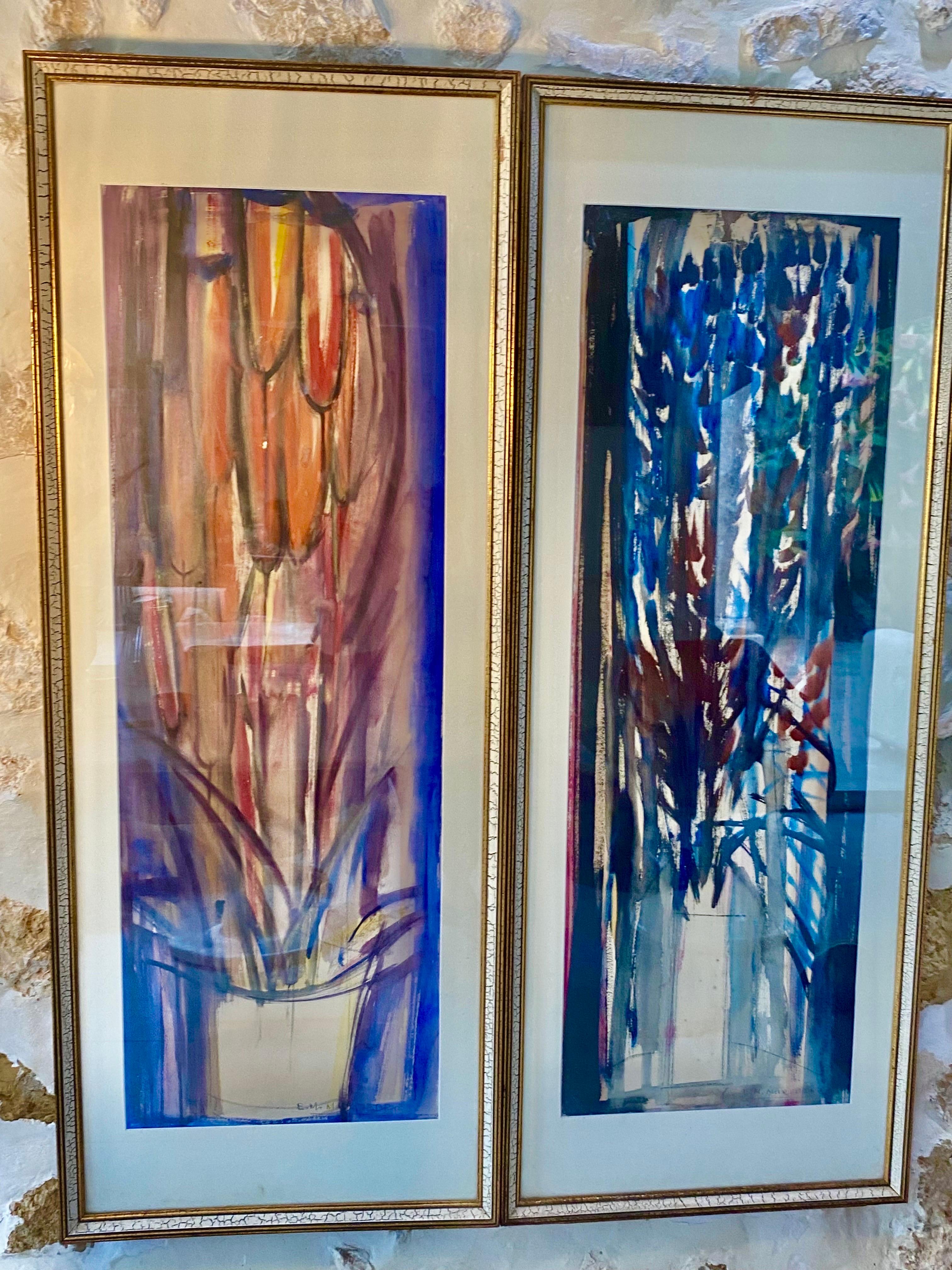 Gouache-Gemälde Abstrakte Blumen mit Vase Periode 1960, Spanien Ibiza (Hollywood Regency) im Angebot