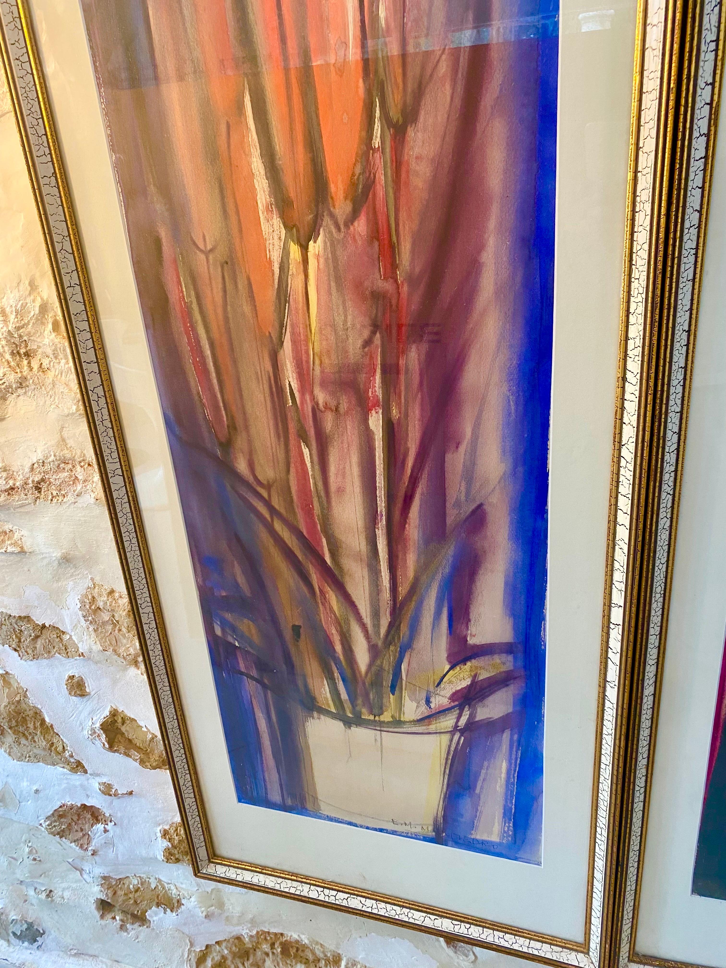 Spanish Gouache Painting Abstract Flowers with Vase Period 1960, Spain Ibiza For Sale