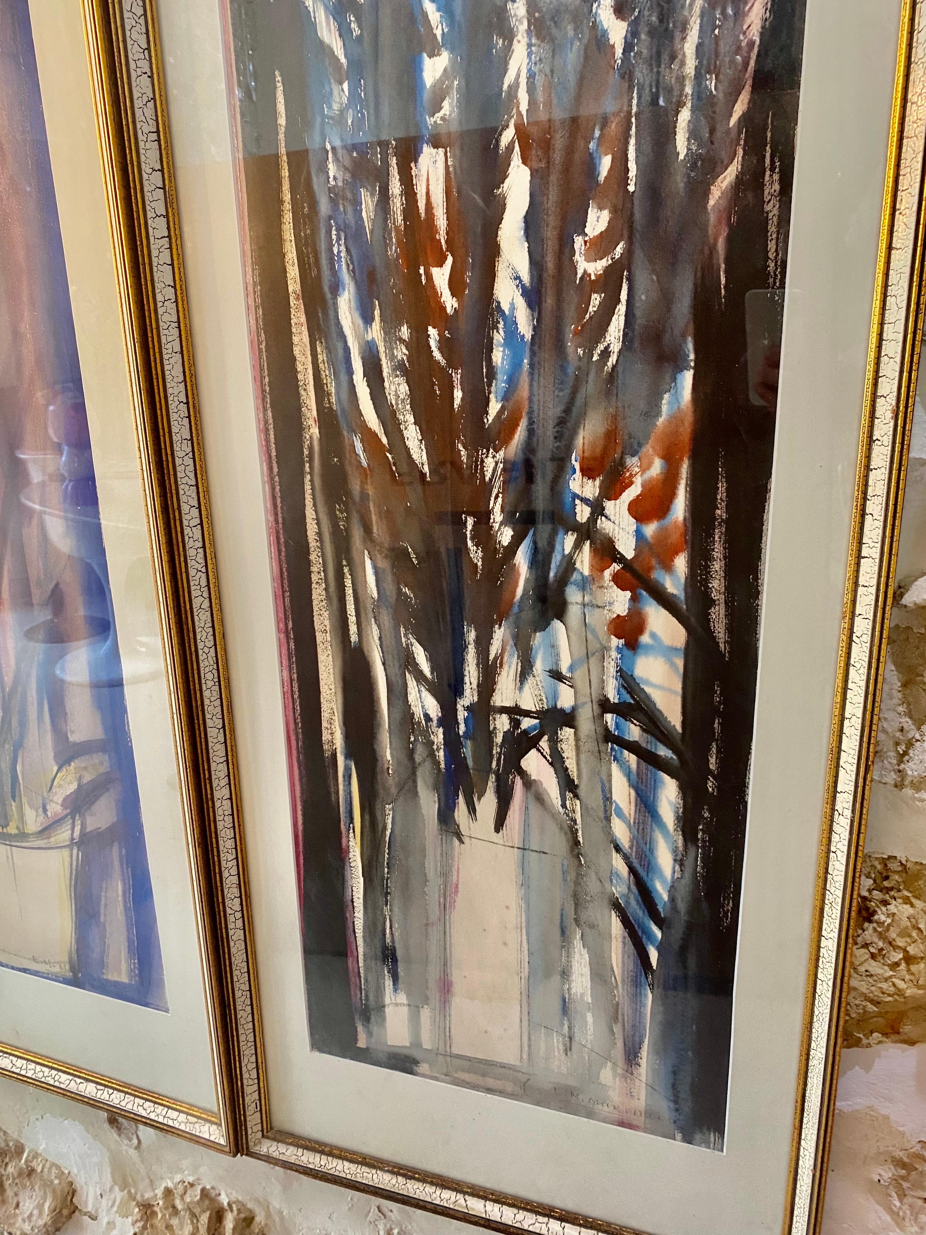 Gouache Painting Abstract Flowers with Vase Period 1960, Spain Ibiza Baleares In Good Condition For Sale In La xara, VC