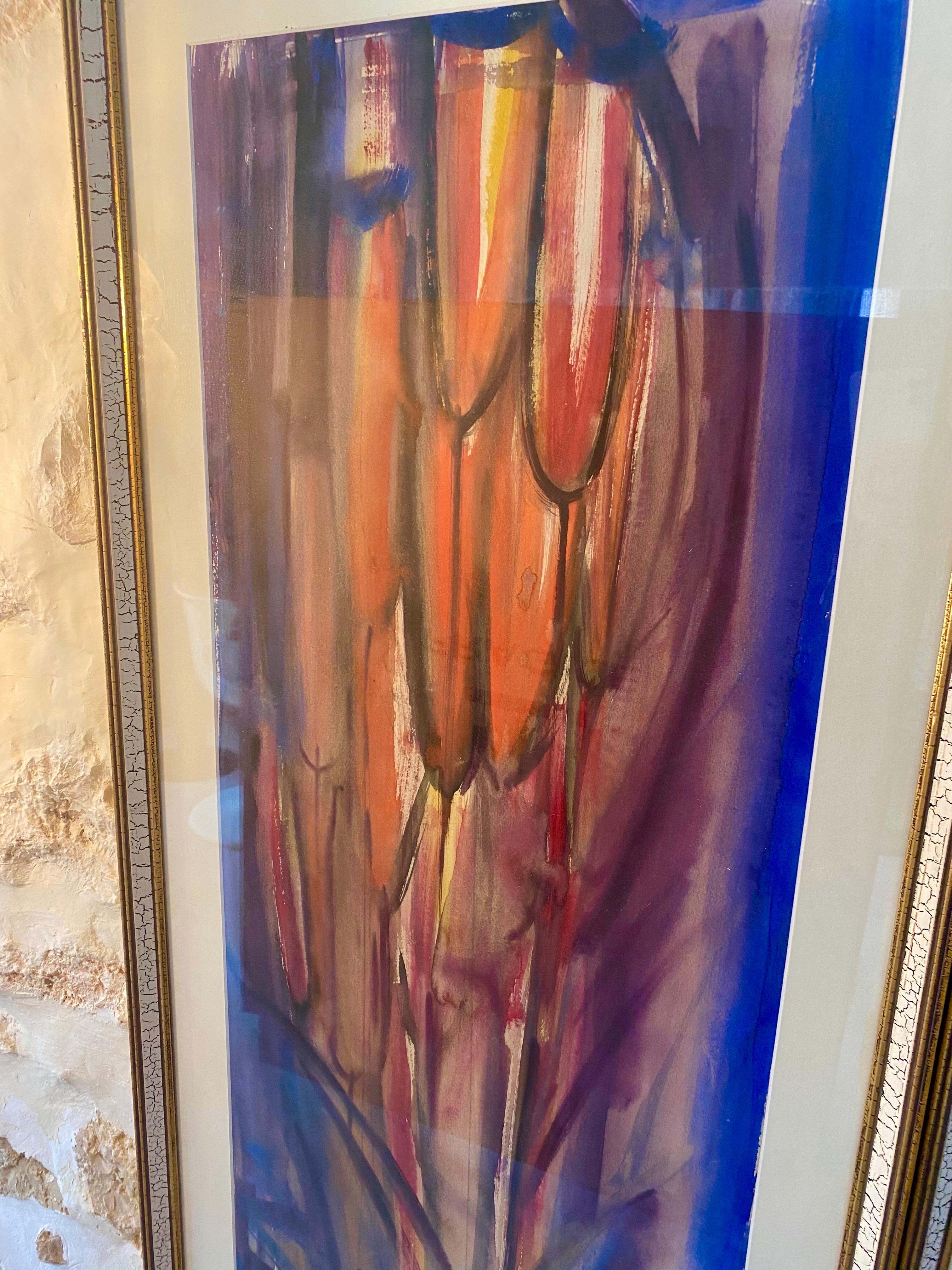Mid-20th Century Gouache Painting Abstract Flowers with Vase Period 1960, Spain Ibiza For Sale