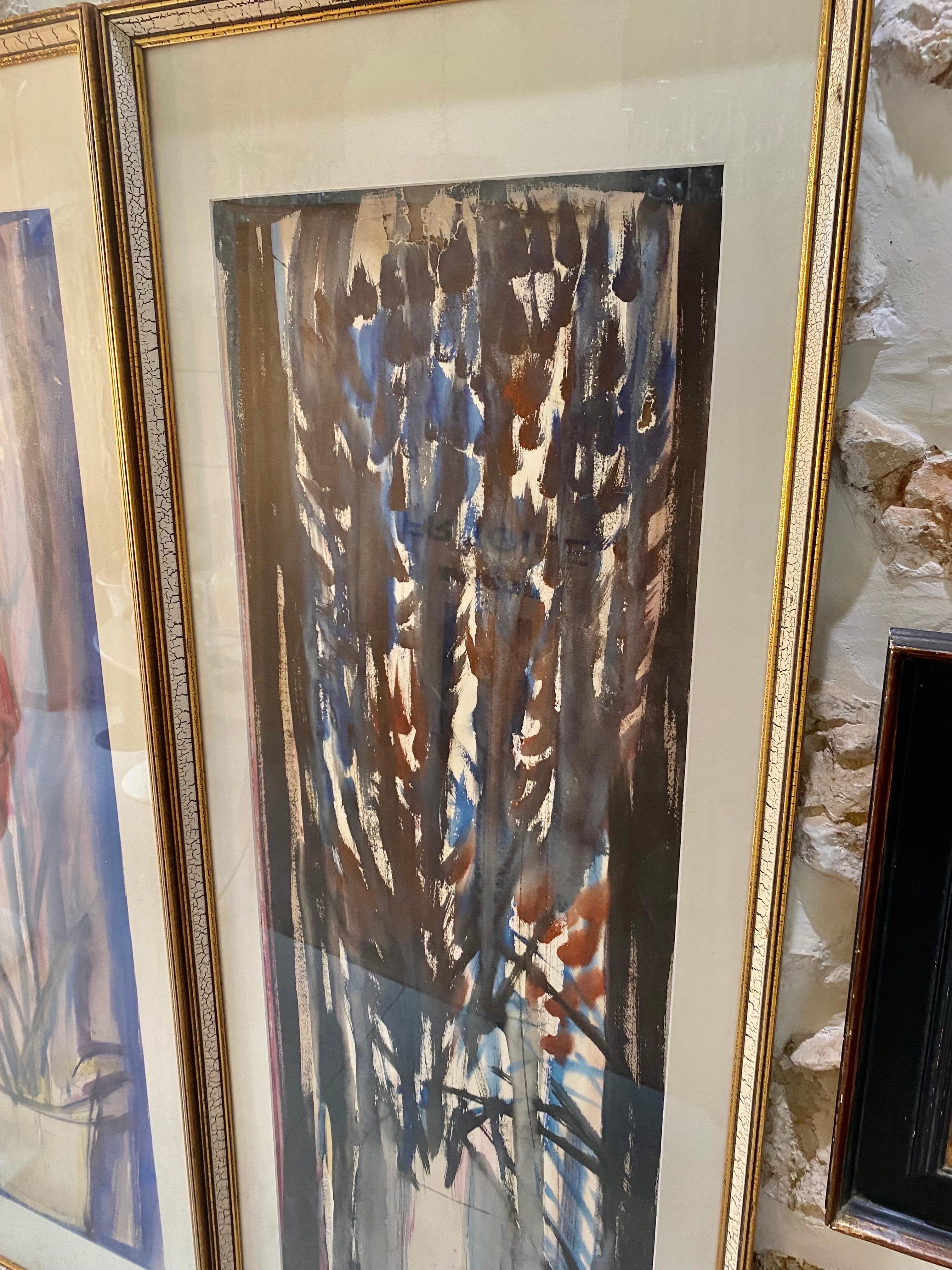 Wood Gouache Painting Abstract Flowers with Vase Period 1960, Spain Ibiza For Sale