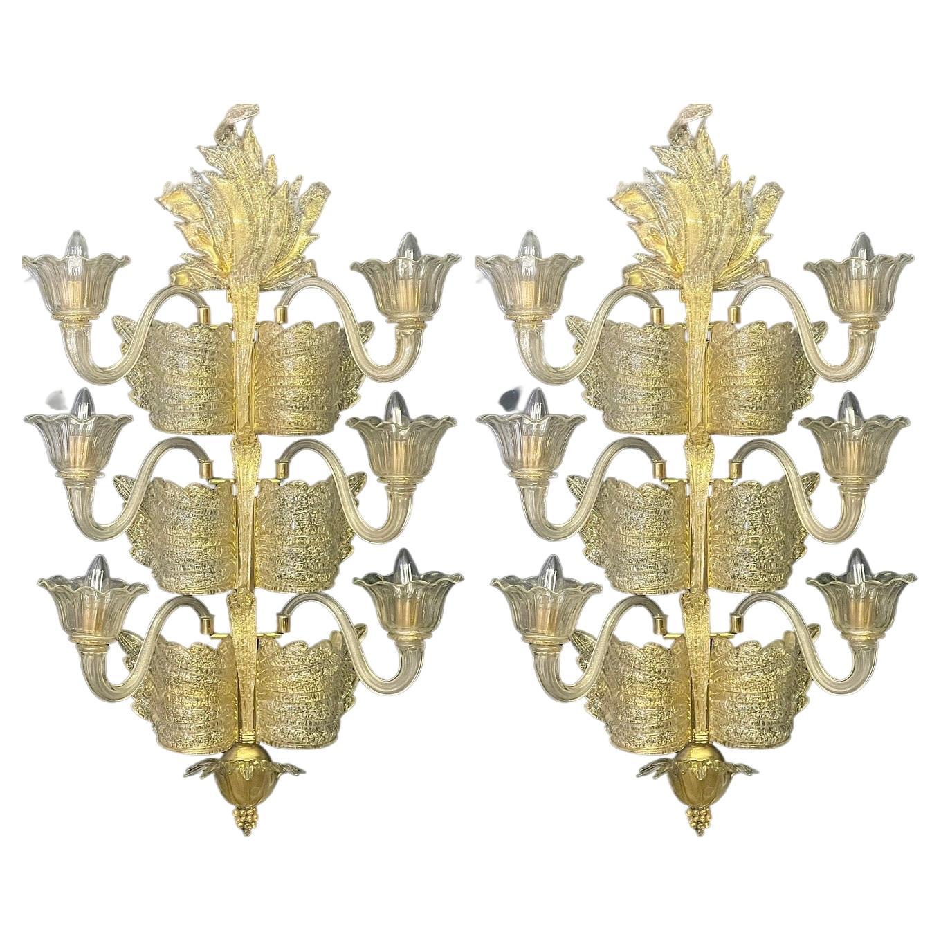 Pair of Large "Grand Hotel" Wall Sconces by Barovier Toso, Italy, circa 1960s For Sale