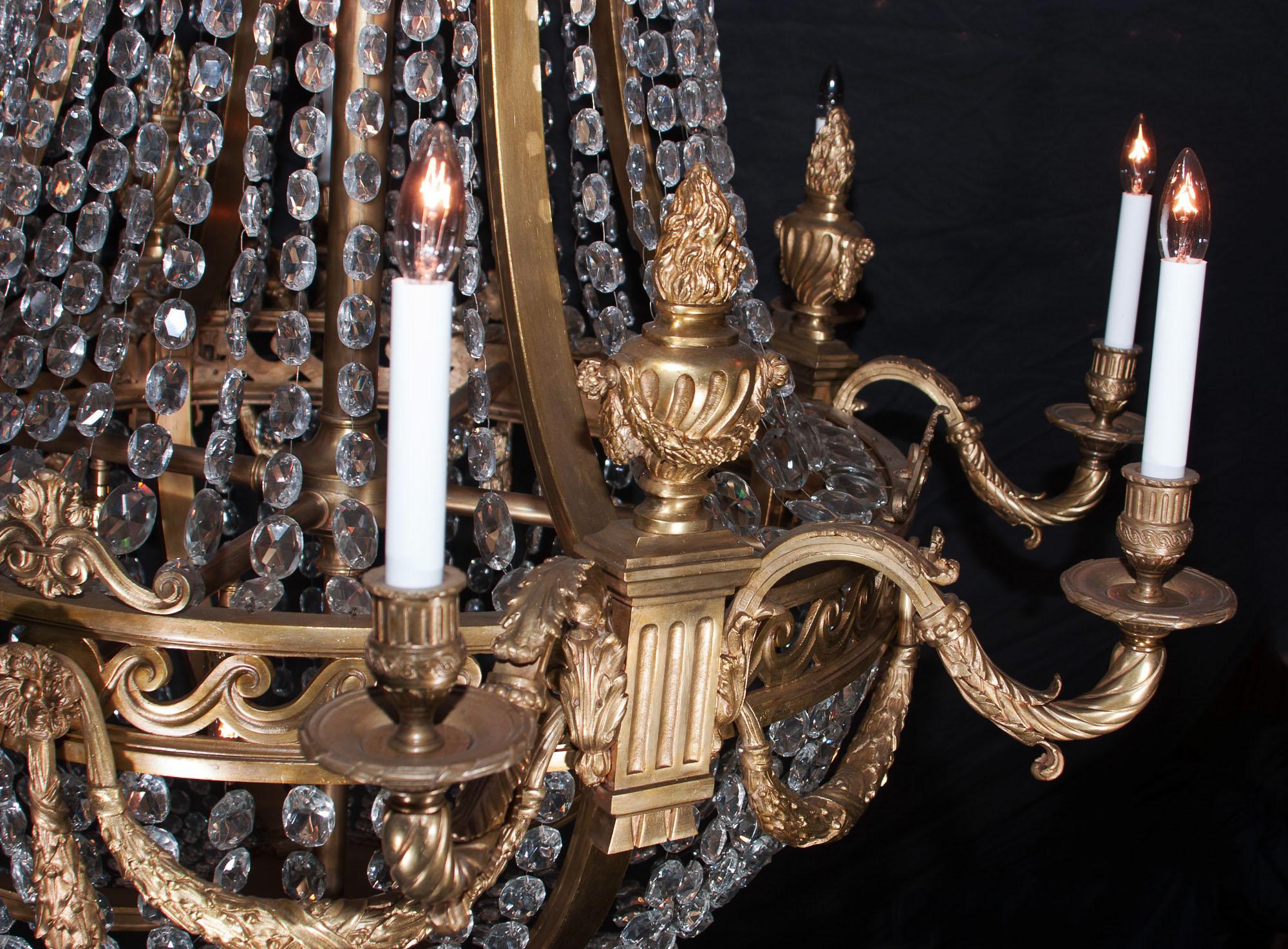 Pair of Large, Grand Louis XVI Bronze & Crystal Chandeliers, 19th Century French For Sale 1