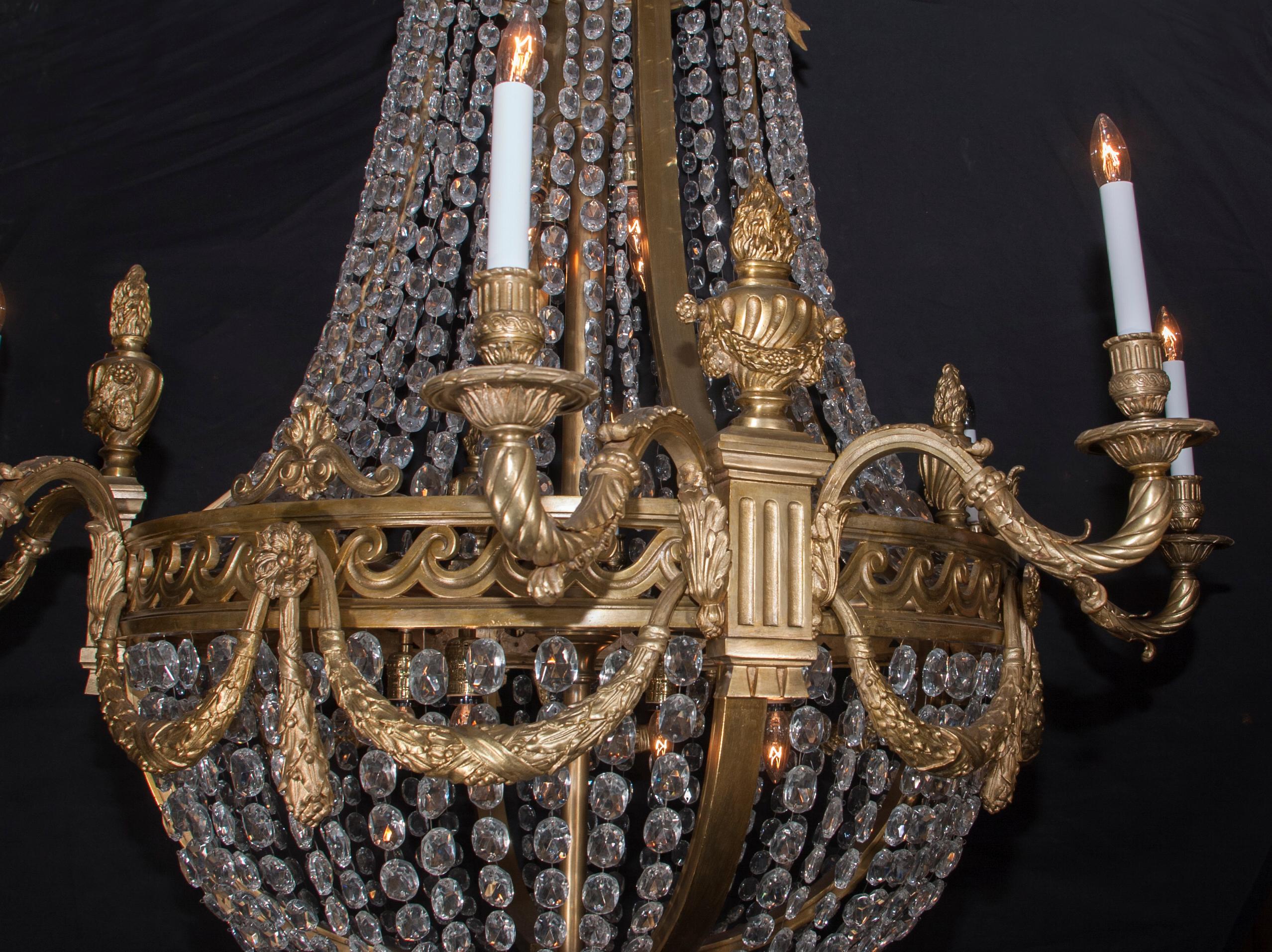 Pair of Large, Grand Louis XVI Bronze & Crystal Chandeliers, 19th Century French For Sale 3