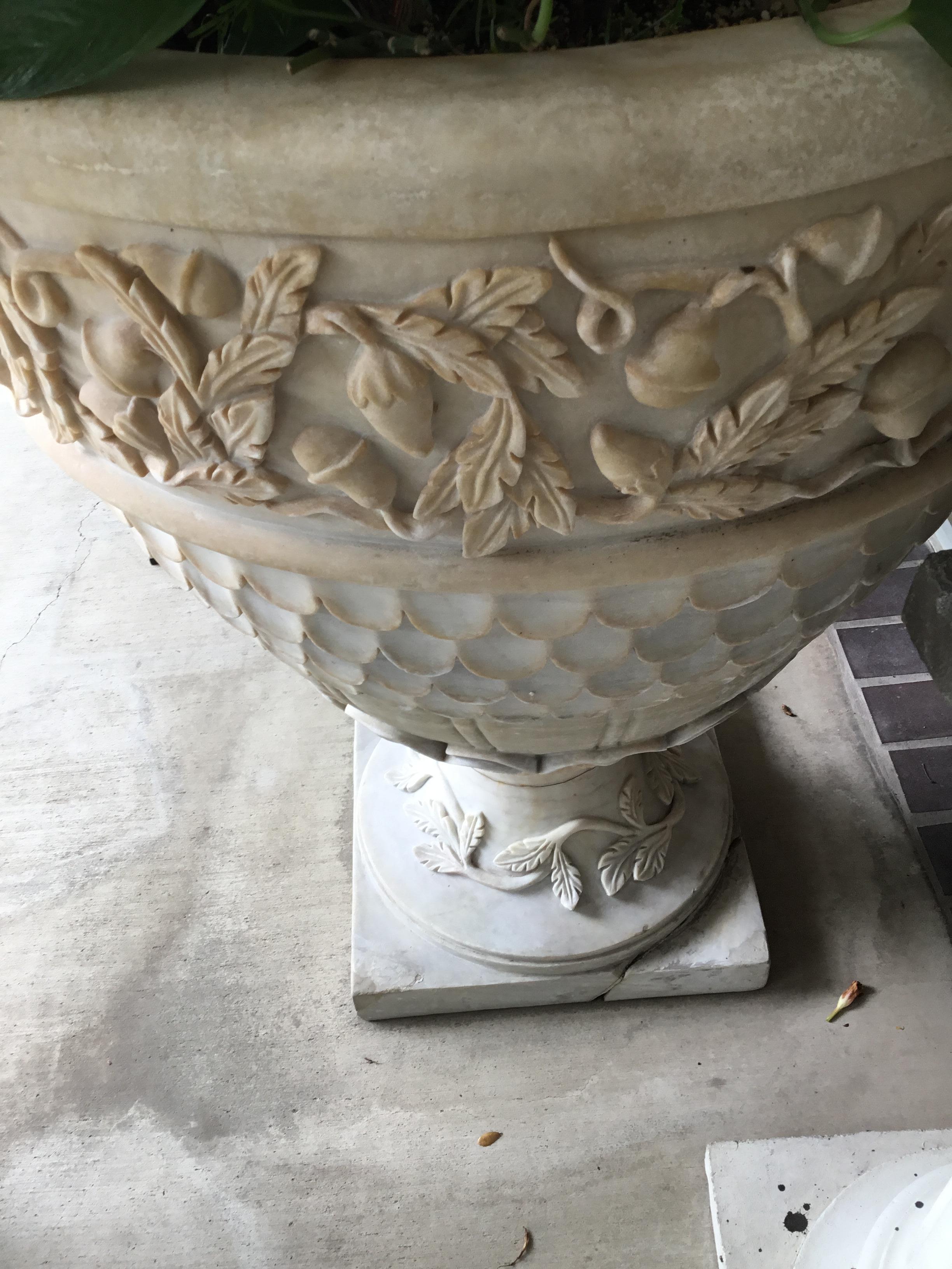 Chinese Pair of Large Grand Scale White Hand Carved Carrara Marble Garden Planters
