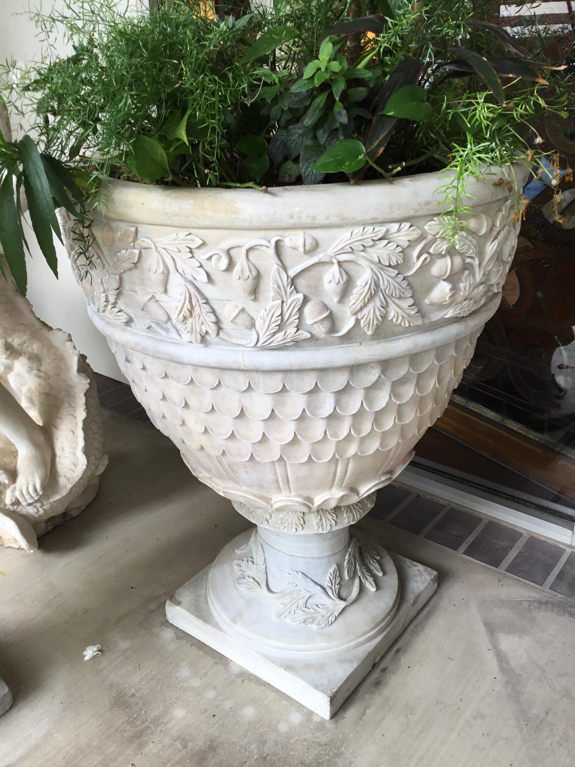 Hand-Carved Pair of Large Grand Scale White Hand Carved Carrara Marble Garden Planters