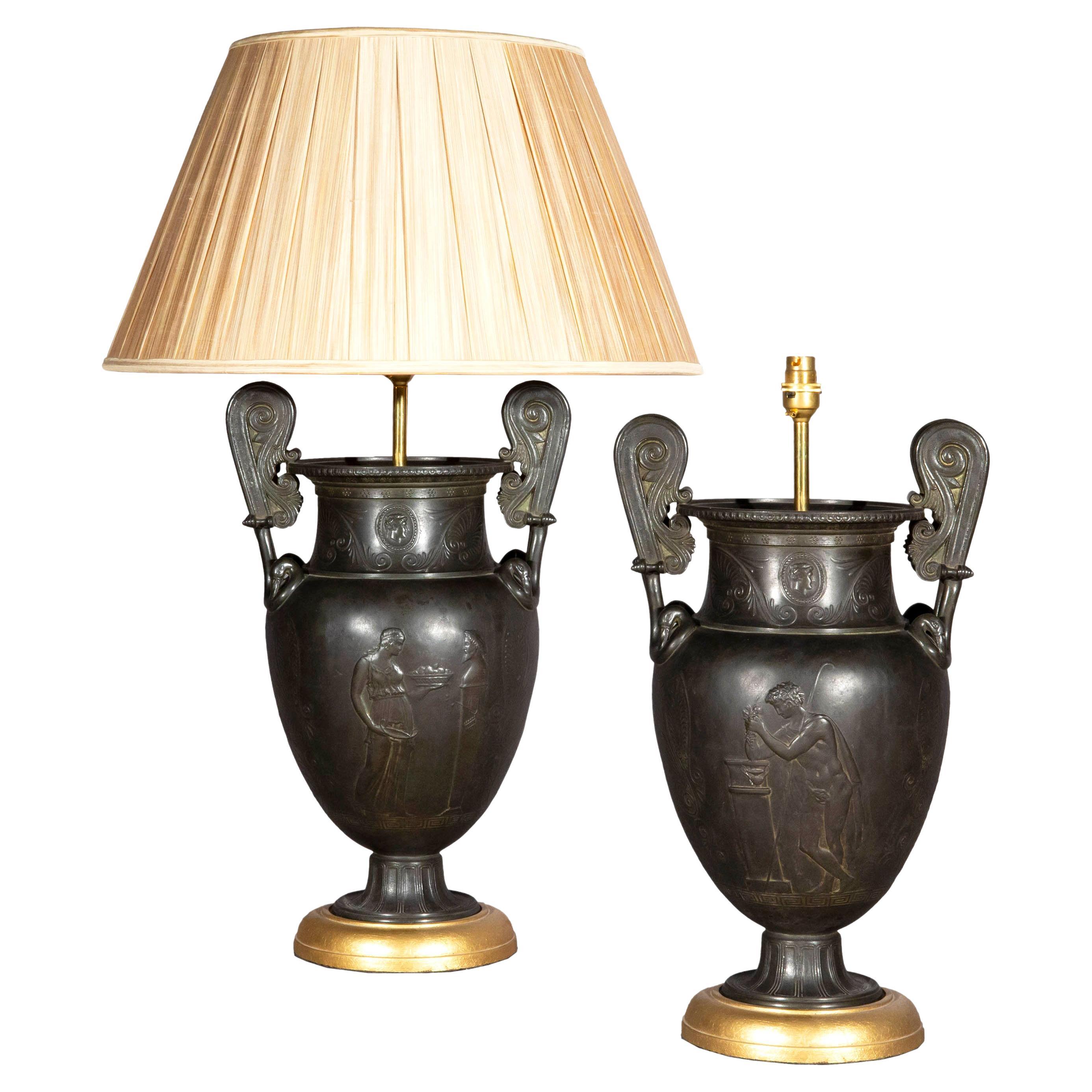 Large Pair of Japanese 19th Century Bronze Vases / Lamps For Sale at