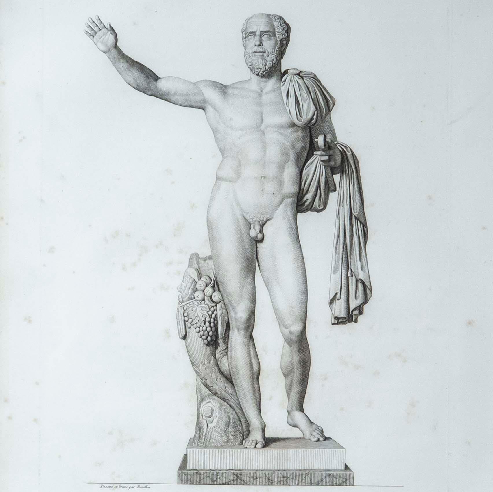Deux exquises et rares gravures de sculptures antiques par Pierre Bouillon (1776-1831), tirées de son livre Musée des antiques, publié à Paris entre 1811 et 1827. Les deux planches, intitulées Pupien et Pêcheur africain, représentent les statues de