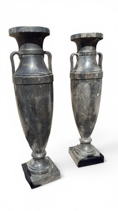 Pair of Large Greek Style Black Marble Vases, 20th Century