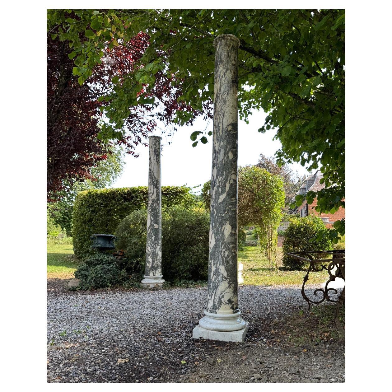 Pair of large green and white cipollino marble columns, 294 cm high, Italy For Sale