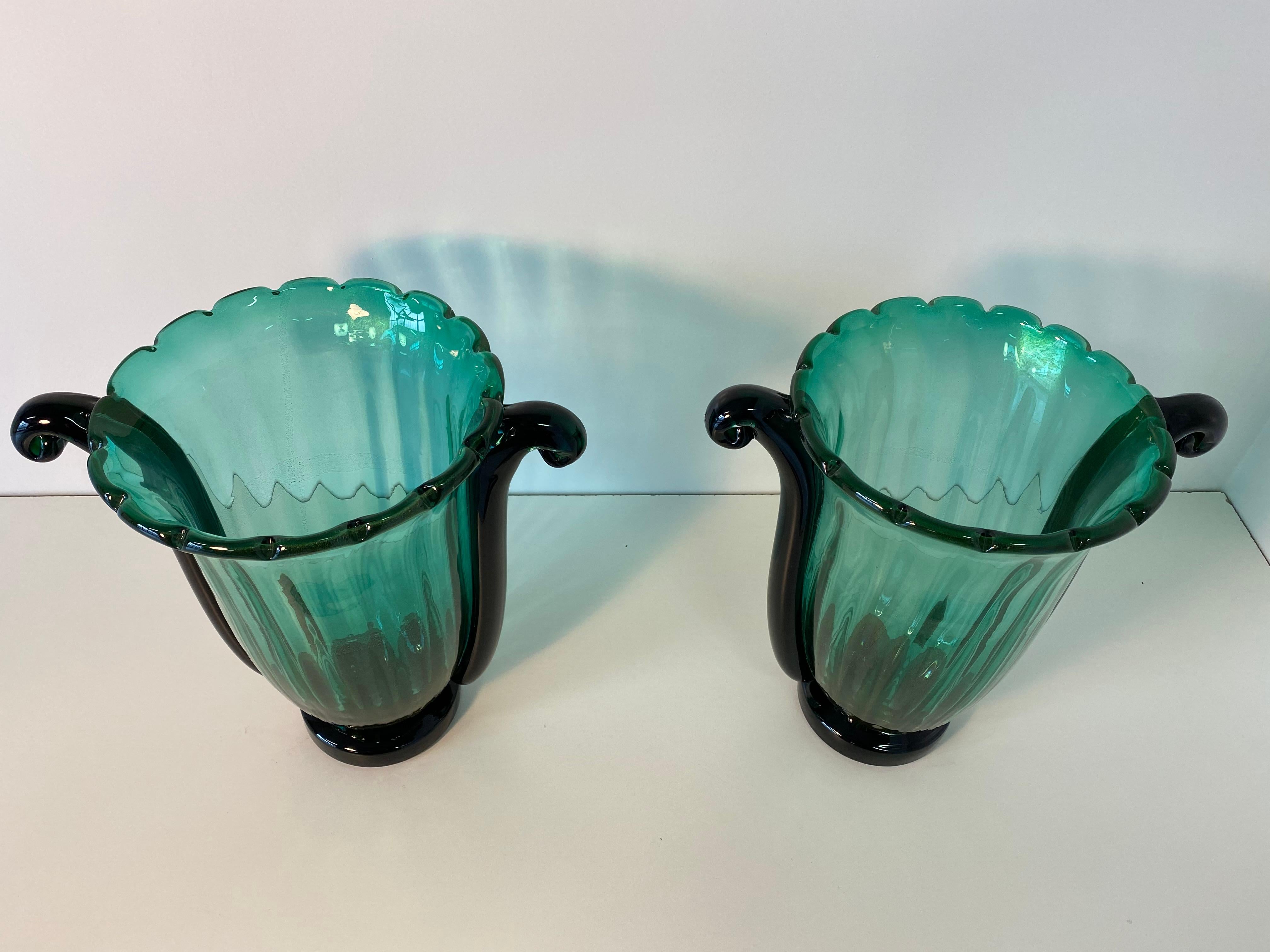 Art Deco Pair of Large Green, Black and Gold Leaf Murano Glass Vases by Cenedese