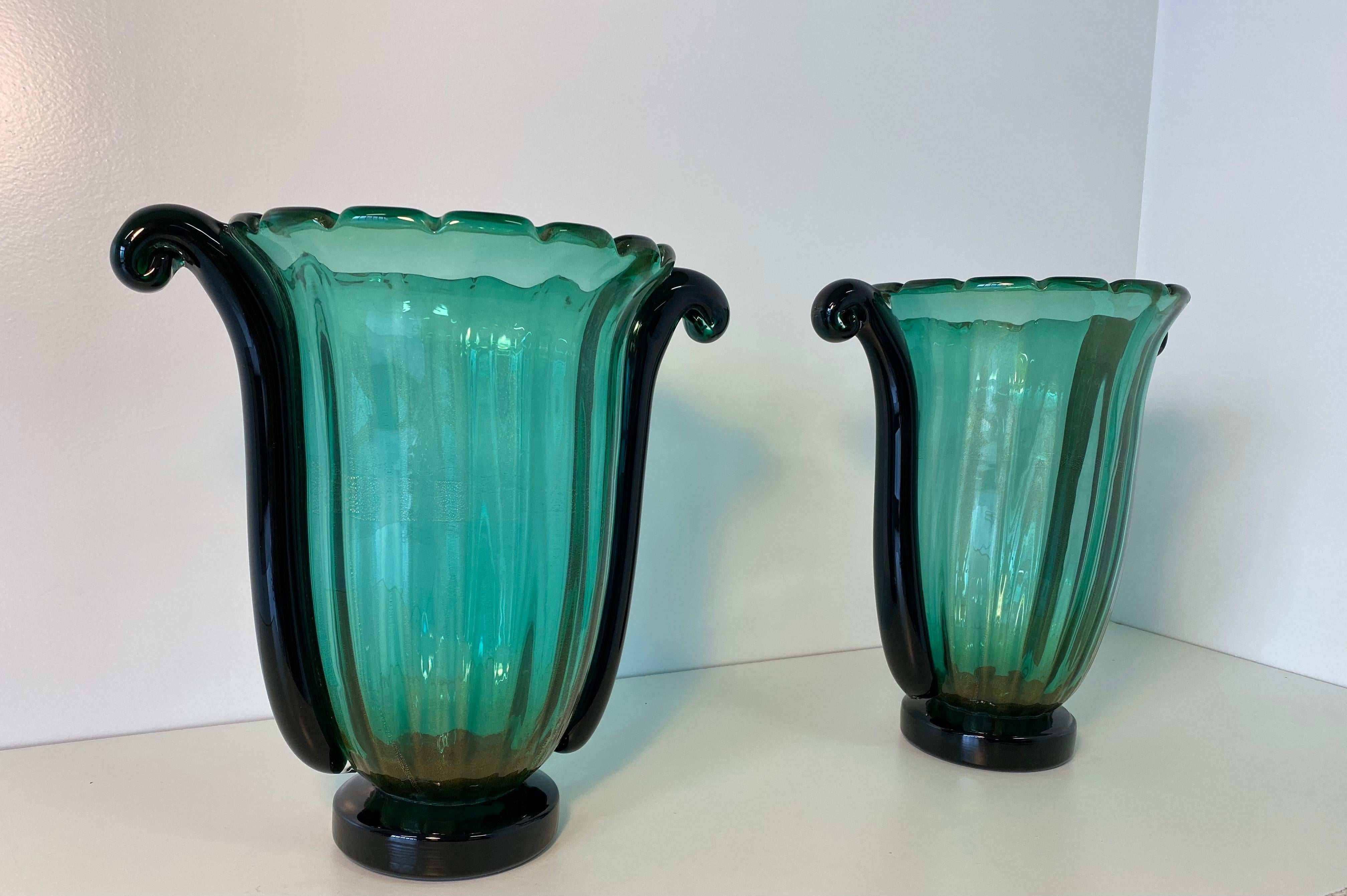Italian Pair of Large Green, Black and Gold Leaf Murano Glass Vases by Cenedese