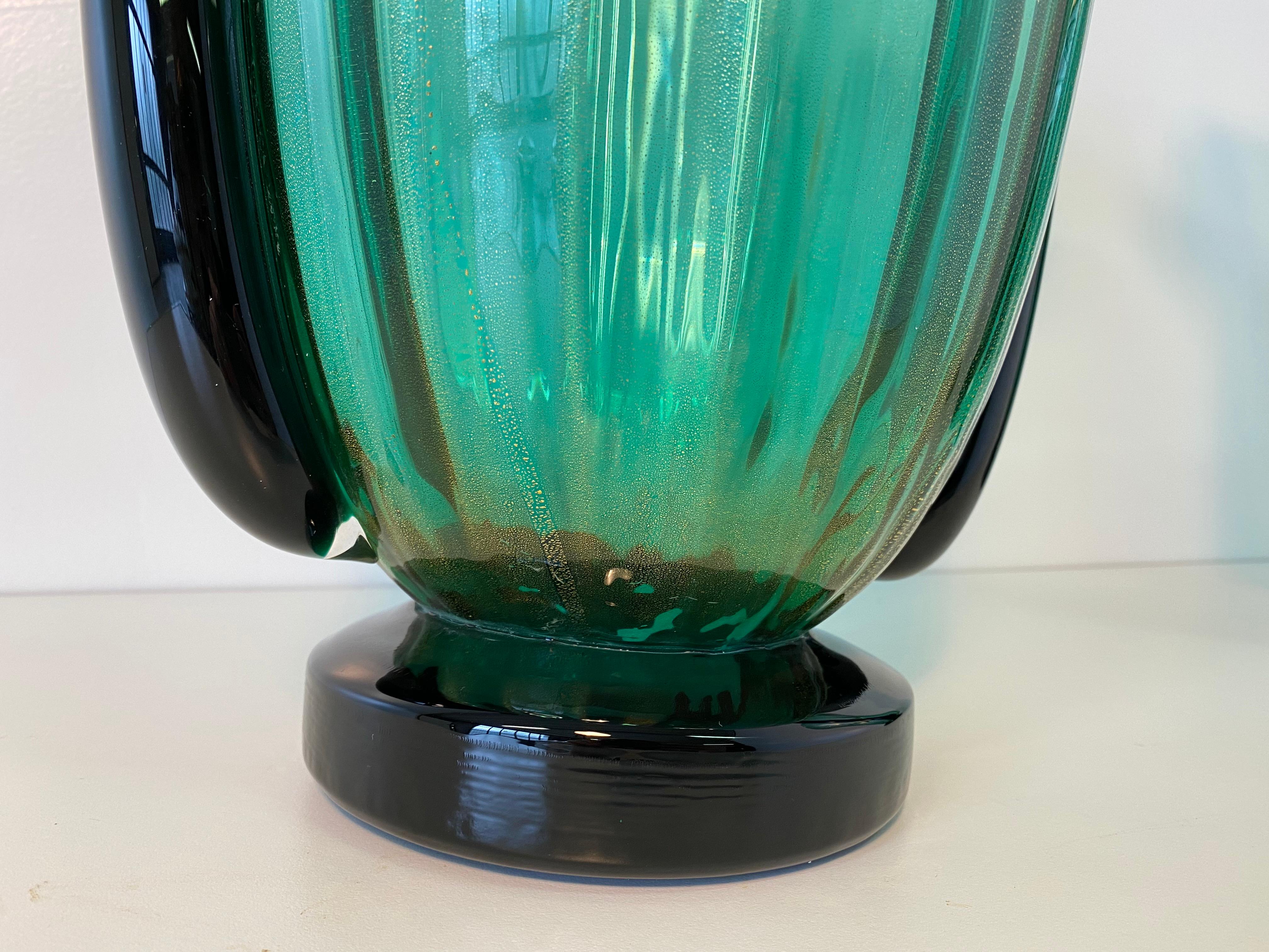 Pair of Large Green, Black and Gold Leaf Murano Glass Vases by Cenedese In Good Condition In Meda, MB