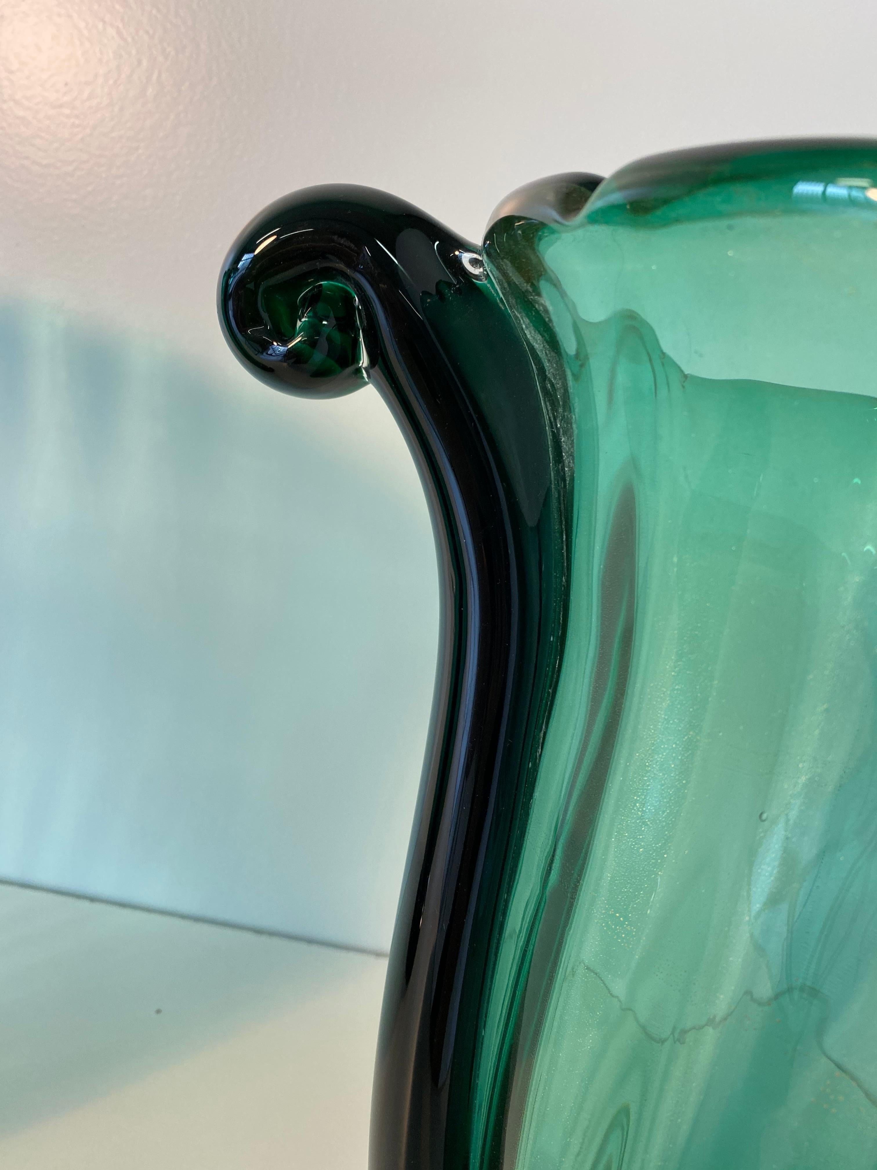 Pair of Large Green, Black and Gold Leaf Murano Glass Vases by Cenedese 1