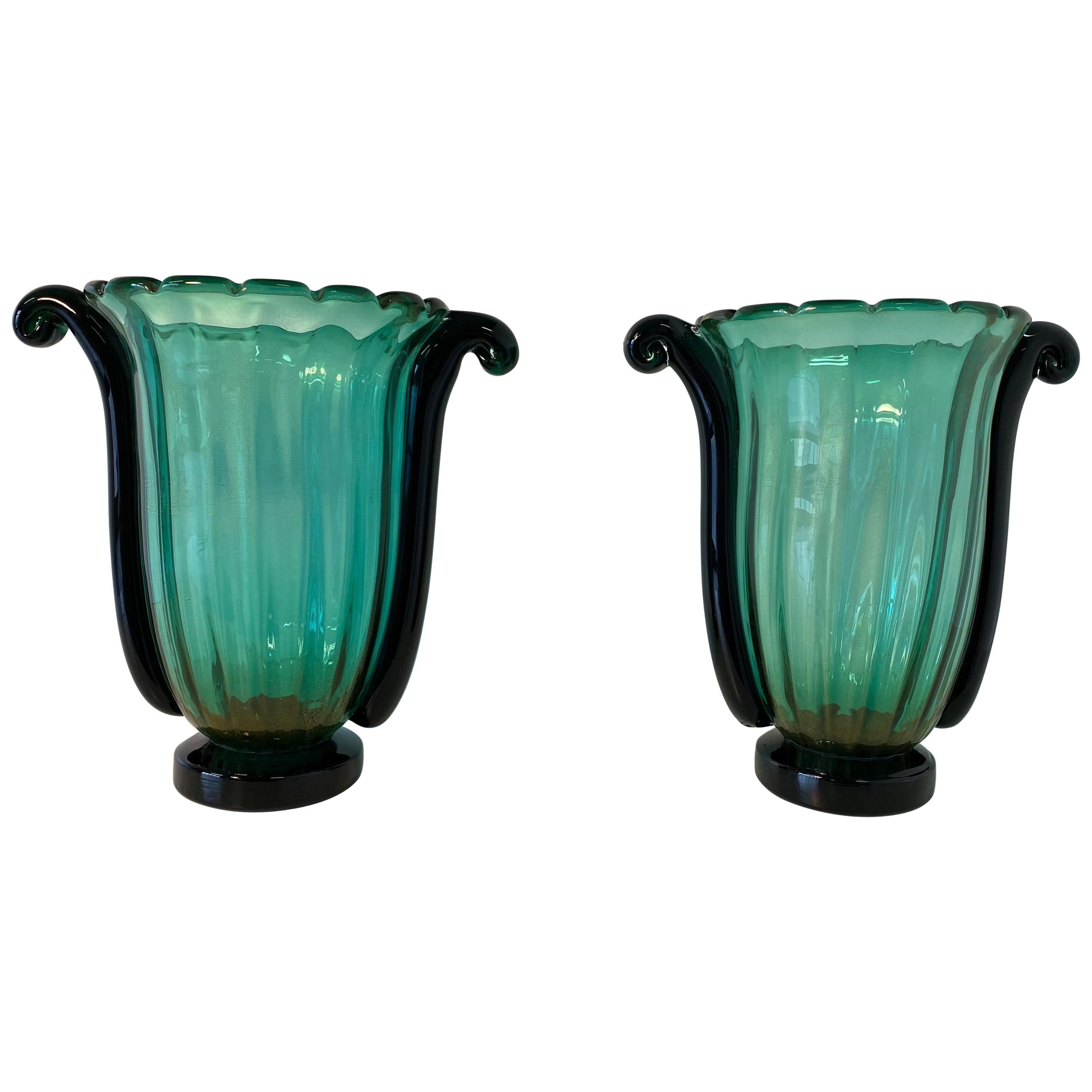 Pair of Large Green, Black and Gold Leaf Murano Glass Vases by Cenedese