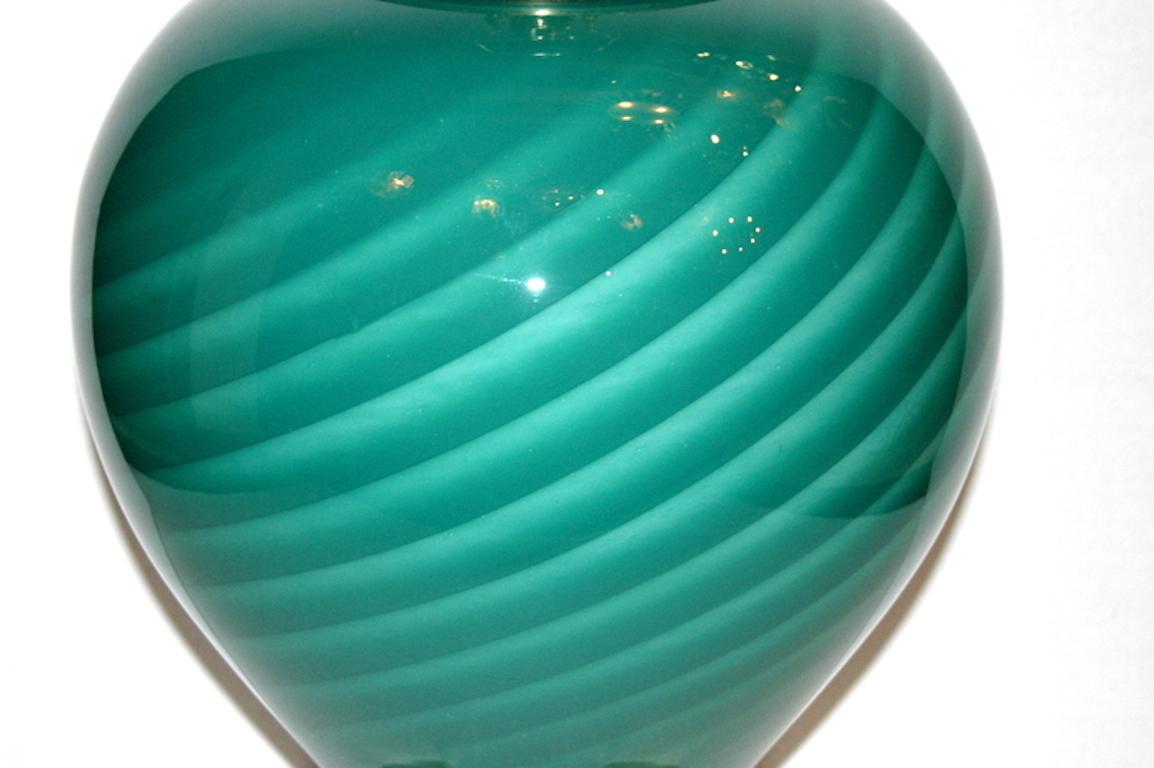 Mid-20th Century Pair of Large Green Blown Glass Lamps For Sale