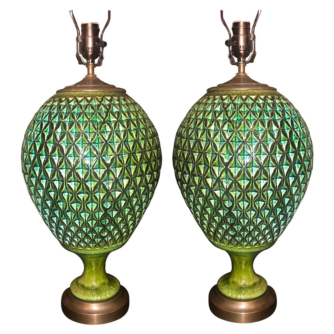 Pair of Large Green Ceramic Green Lamps
