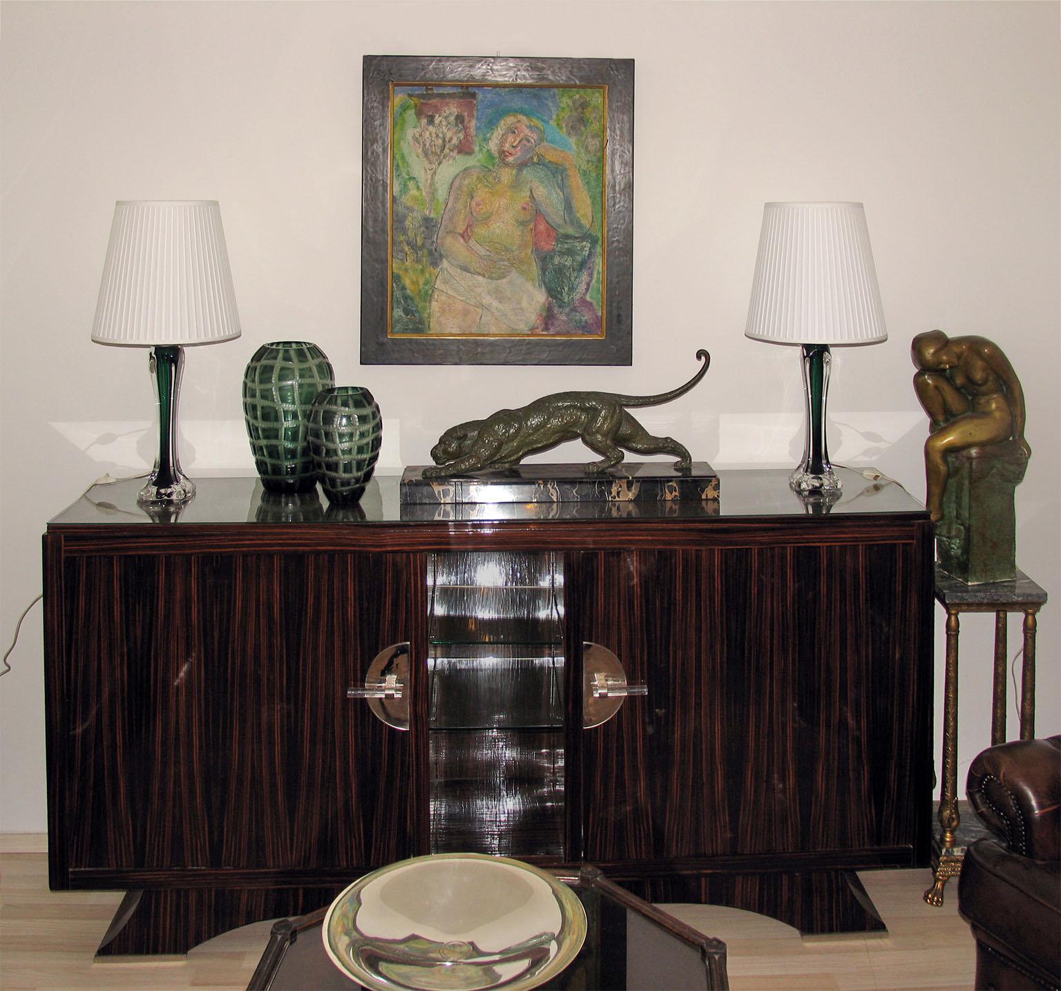 Mid-Century Modern Pair of Large Green Crystal Lamps by Flygsfors, Paul Kedelv, 1950s For Sale