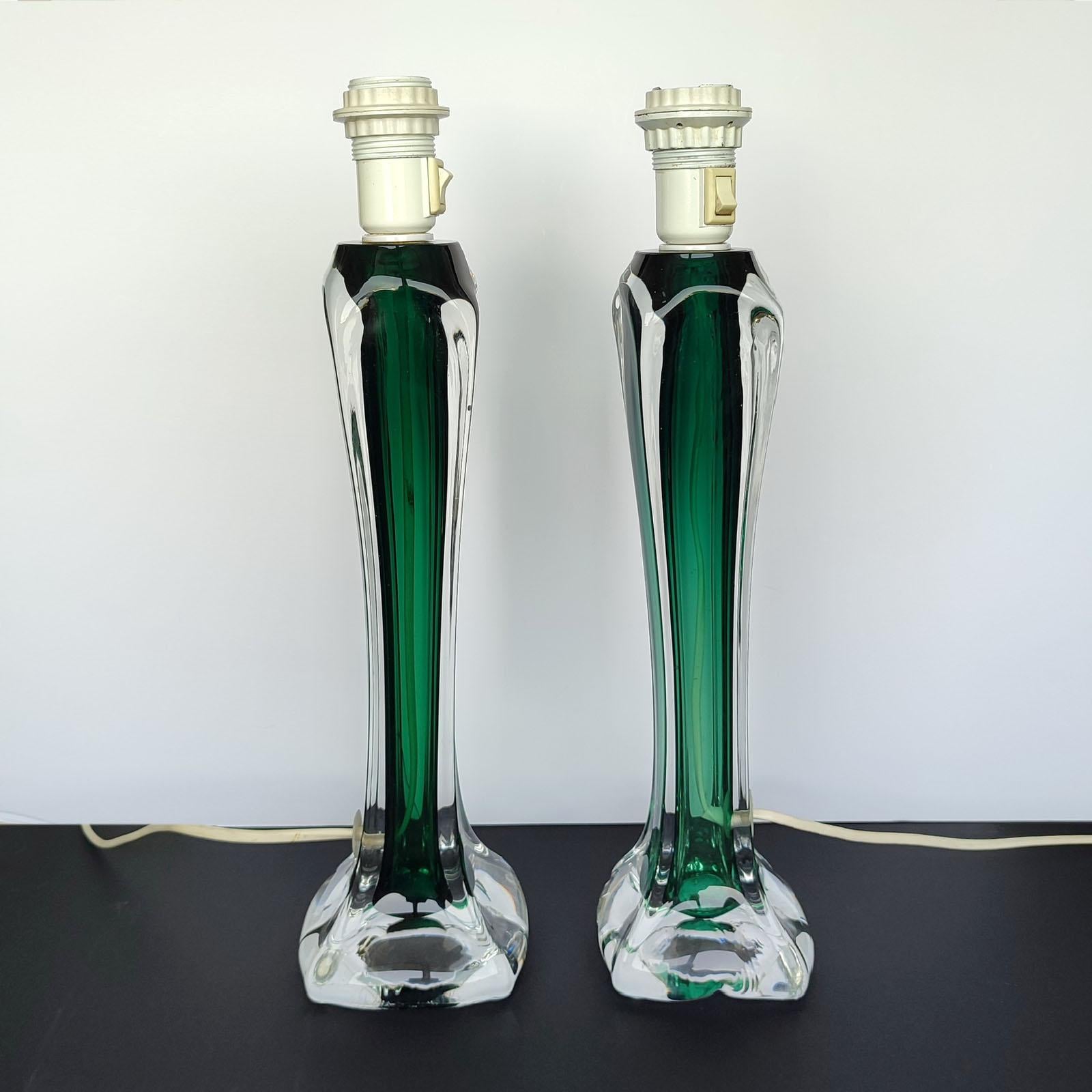 Swedish Pair of Large Green Crystal Lamps by Flygsfors, Paul Kedelv, 1950s For Sale