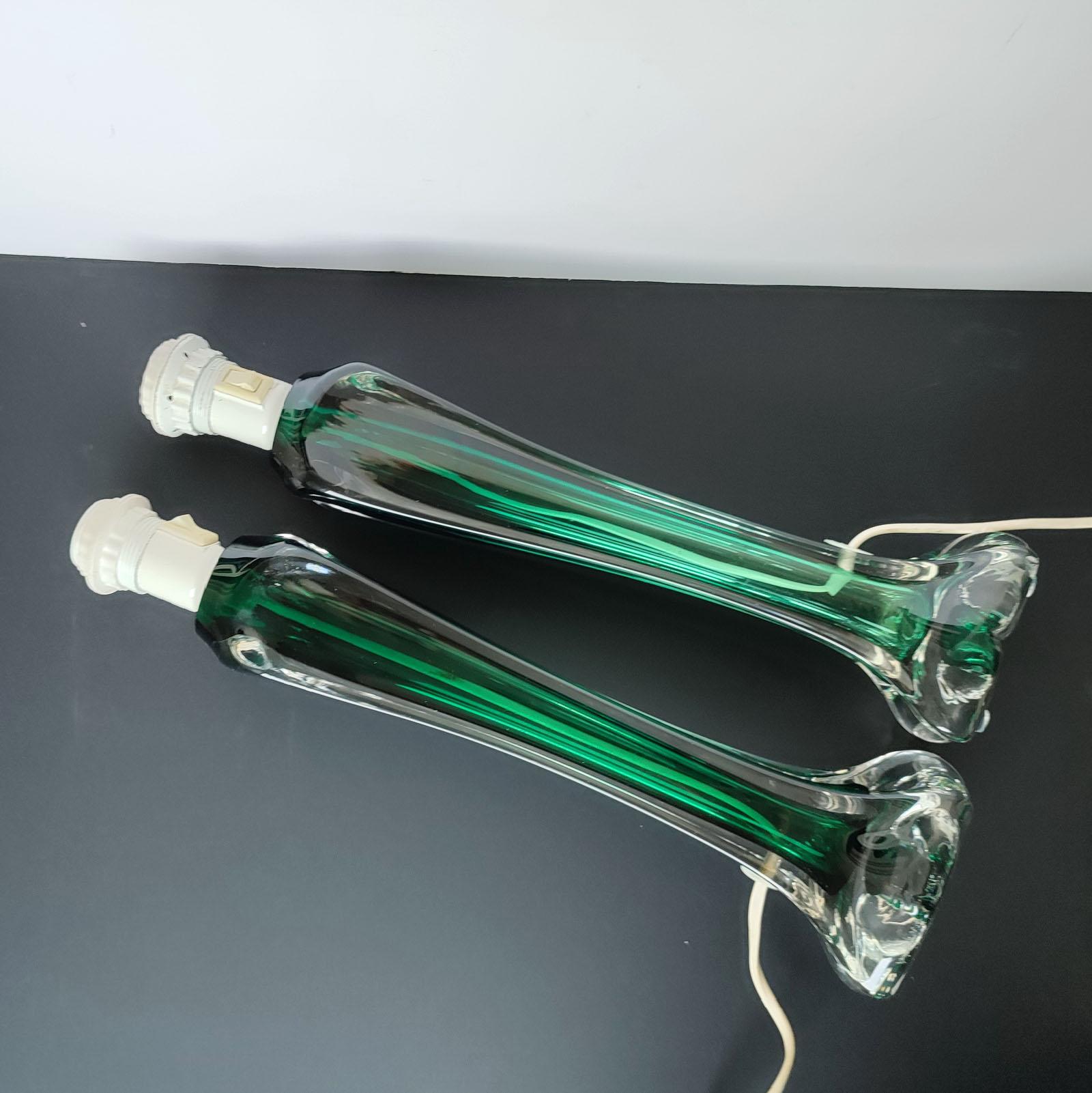 Pair of Large Green Crystal Lamps by Flygsfors, Paul Kedelv, 1950s For Sale 1