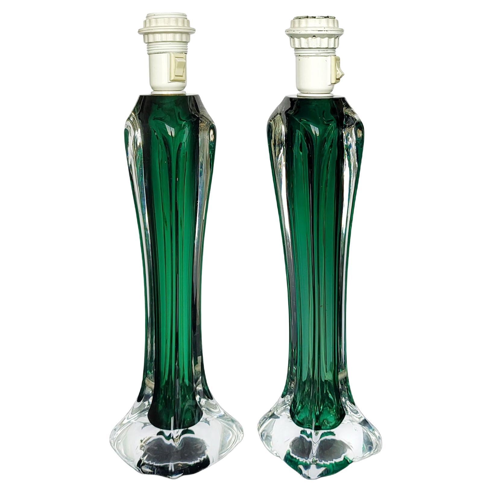 Pair of Large Green Crystal Lamps by Flygsfors, Paul Kedelv, 1950s