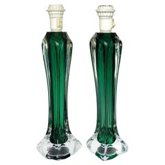 Pair of Large Green Crystal Lamps by Flygsfors, Paul Kedelv, 1950s