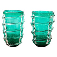 Pair of Large Green Emerald Murano Glass Vases, in Stock