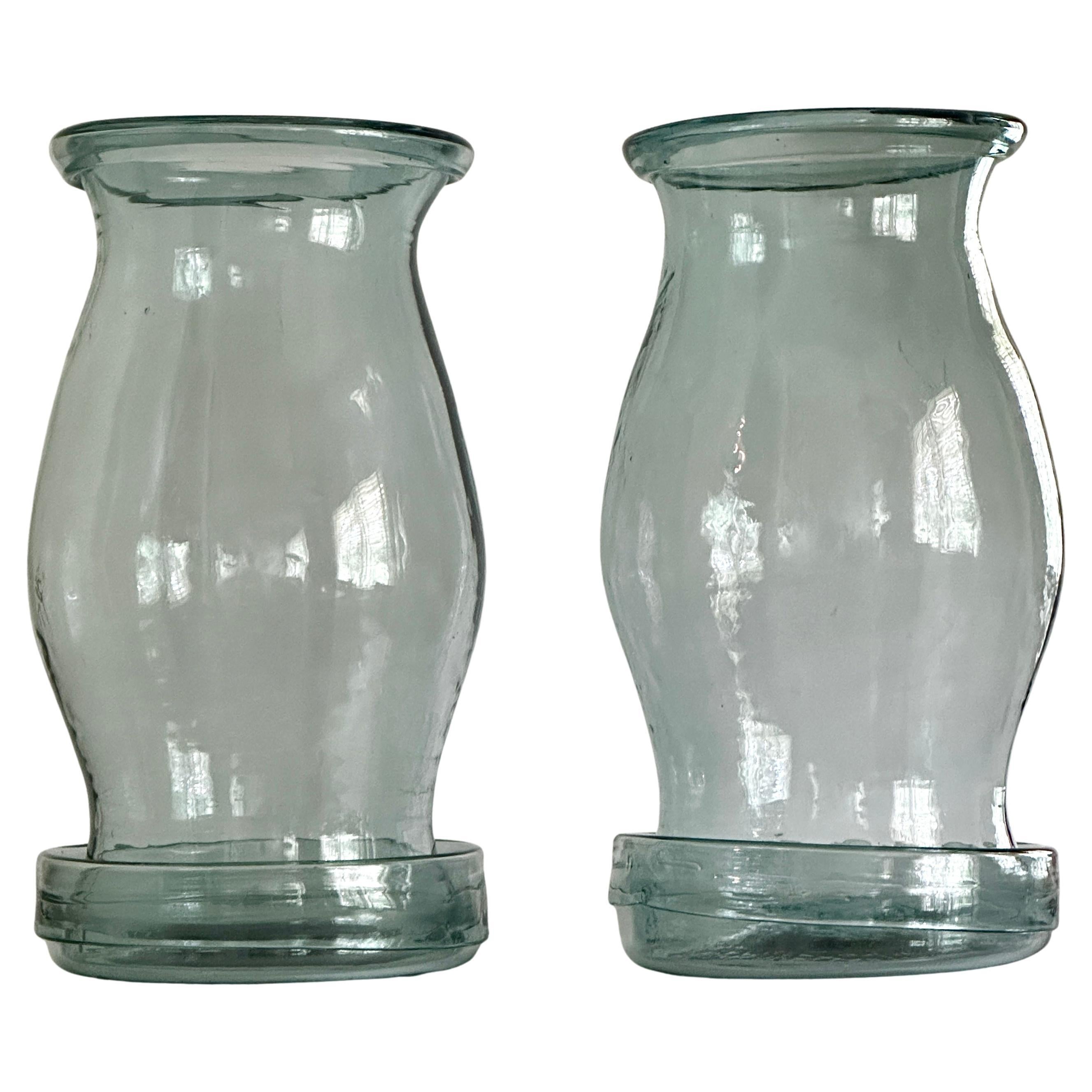 Pair Of Large Green Glass Hurricane Shades With Plates