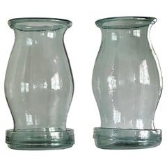 Pair Of Large Green Glass Hurricane Shades With Plates