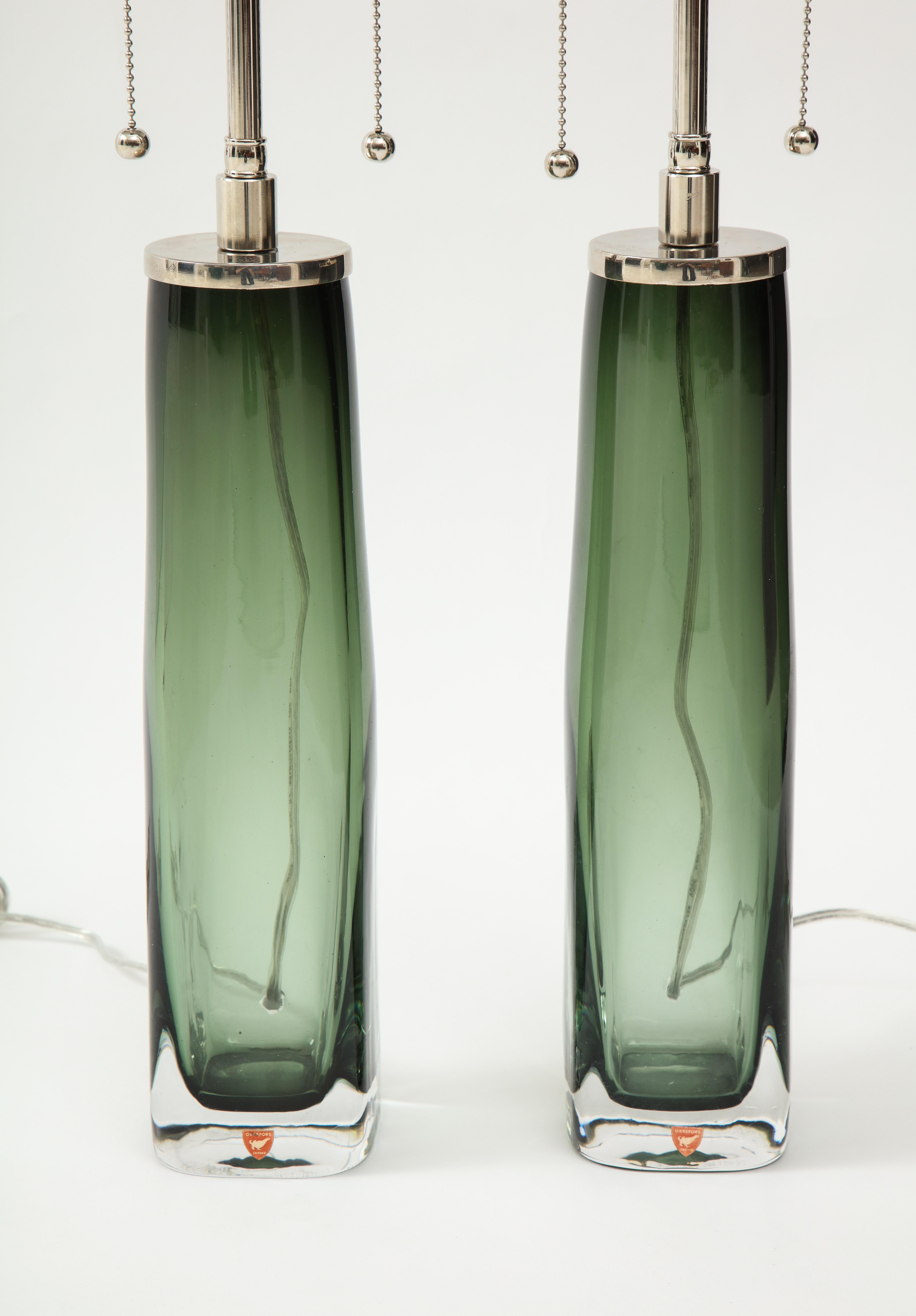Mid-Century Modern Pair of Large Green Glass Lamps by Orrefors