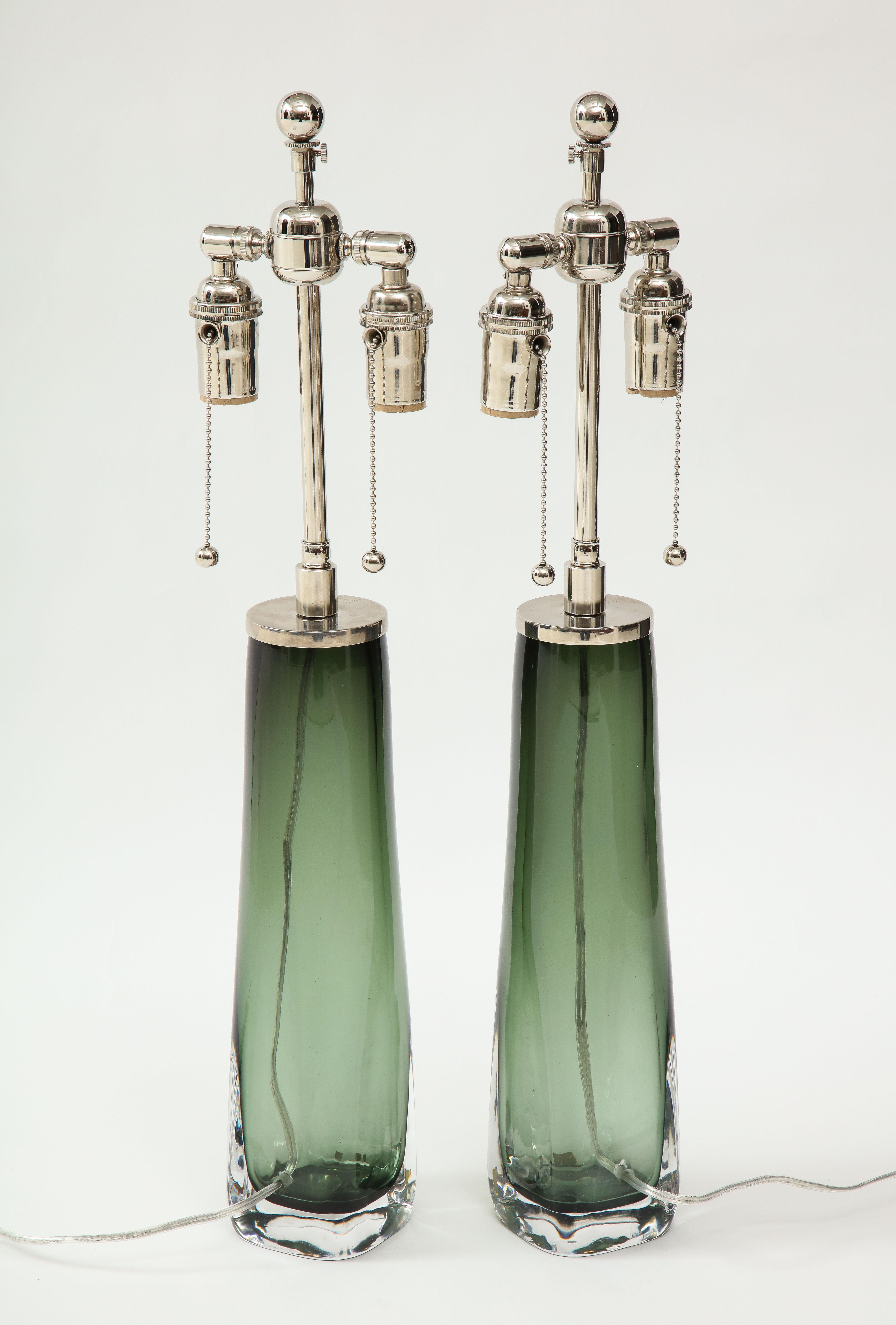 Pair of Large Green Glass Lamps by Orrefors 1