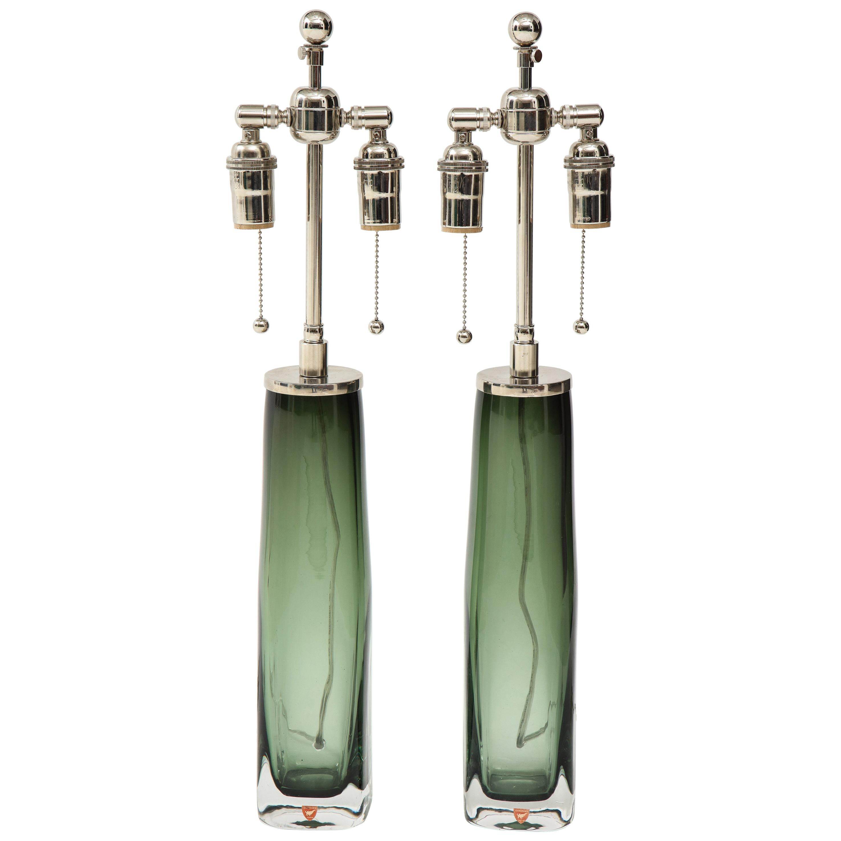 Pair of Large Green Glass Lamps by Orrefors